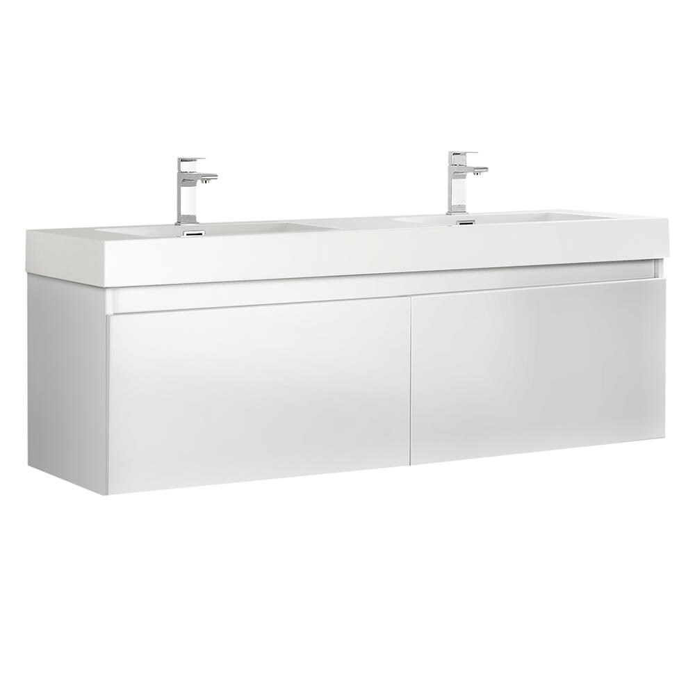 Glossy White 59" Wall-Mounted Double Sink Vanity with Acrylic Top