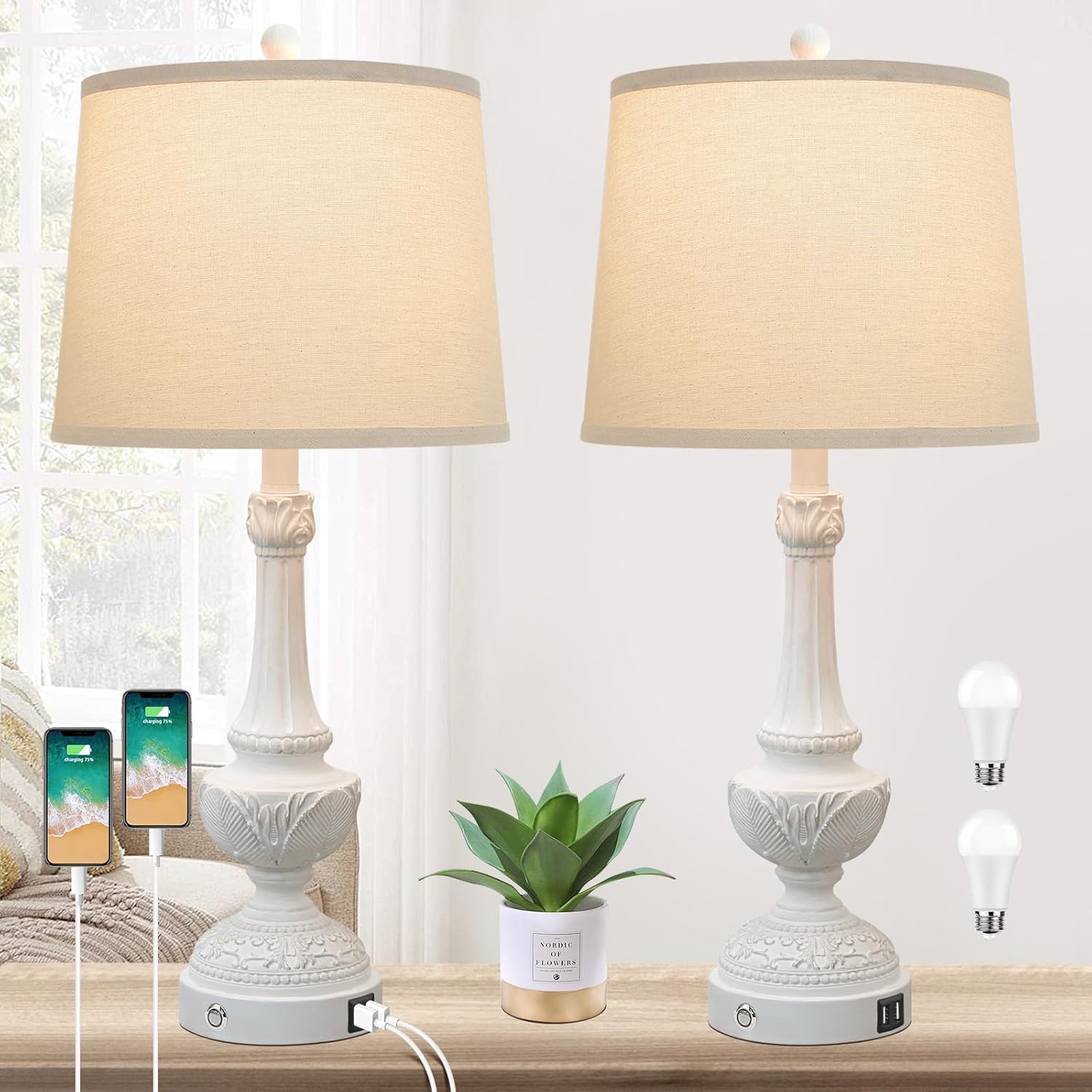 Nordic Hygge 28 Inch Touch Control Table Lamps Set of 2 with USB Ports 3 Way Dimmable Rustic Bedside Lamps for Bedroom and Living Room