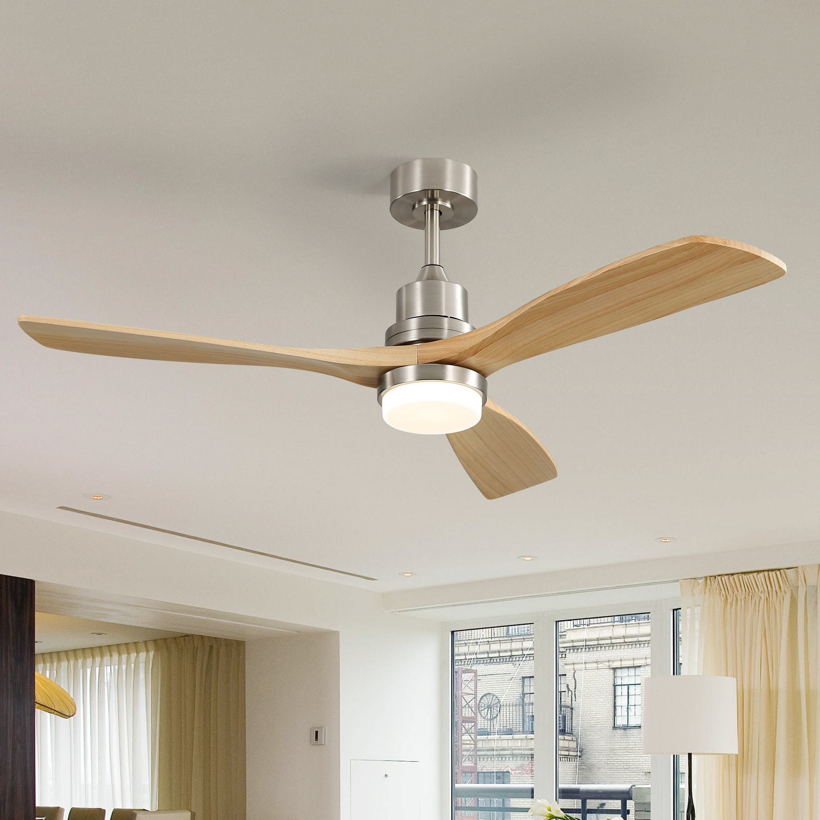 Sofucor LS-5247-SN-YM-60-W 52-in Color-Changing Integrated LED Nickel with wood Blades Ceiling Fan With Light and Remote ( 3 -Blade )