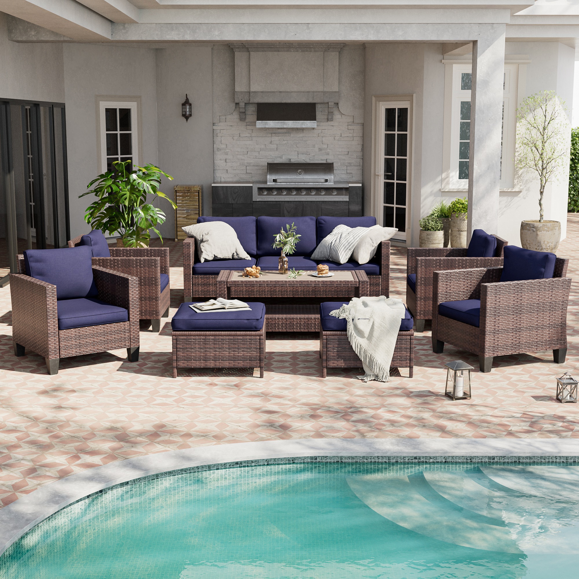 Sonkuki - Rattan Furniture 8 -Piece Wicker Navy Patio Conversation Set