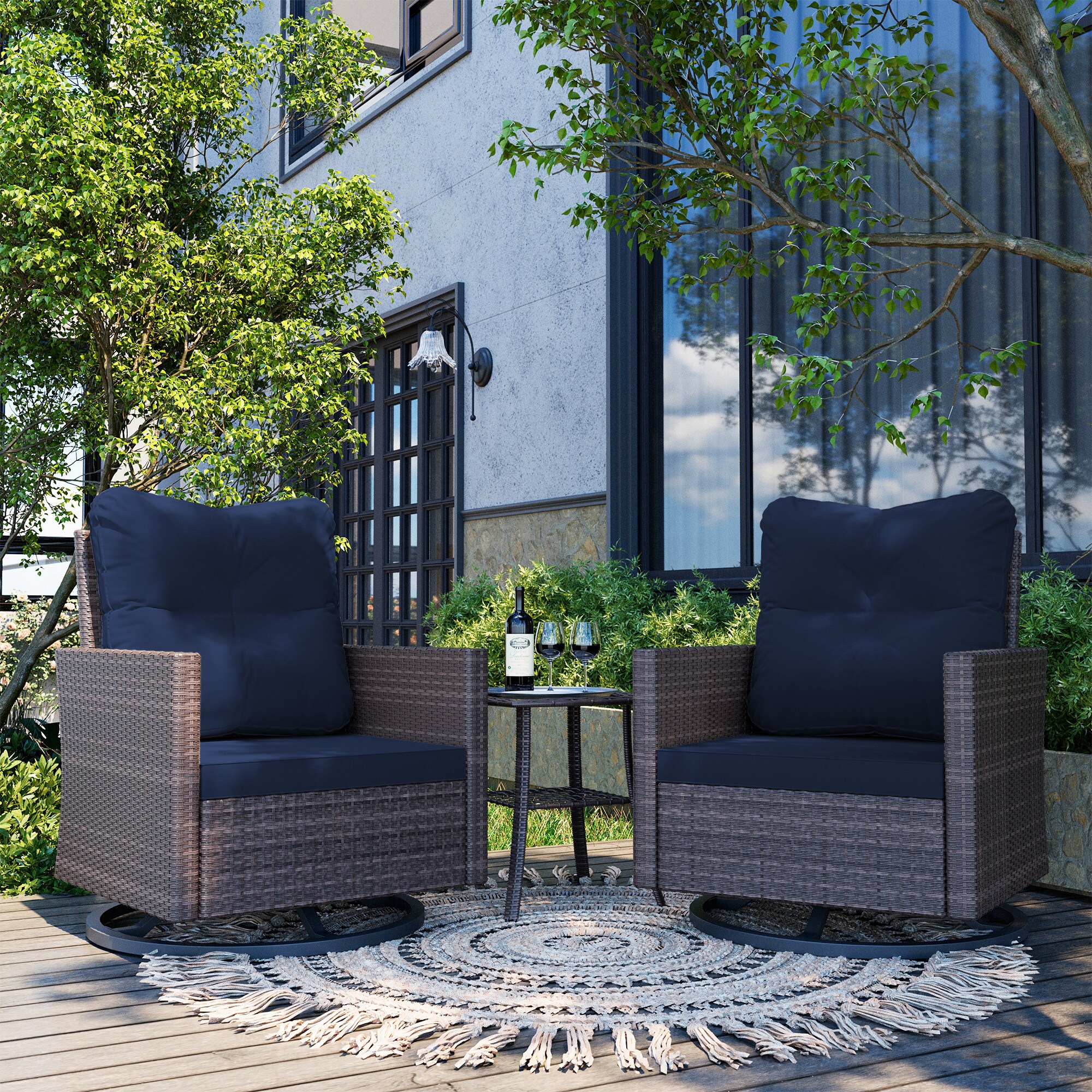 UPHA Y11BR-CJ2-NA Patio Chairs Set of 2 Wicker Brown Iron Frame Swivel glider Conversation Chair with Navy Cushioned Seat