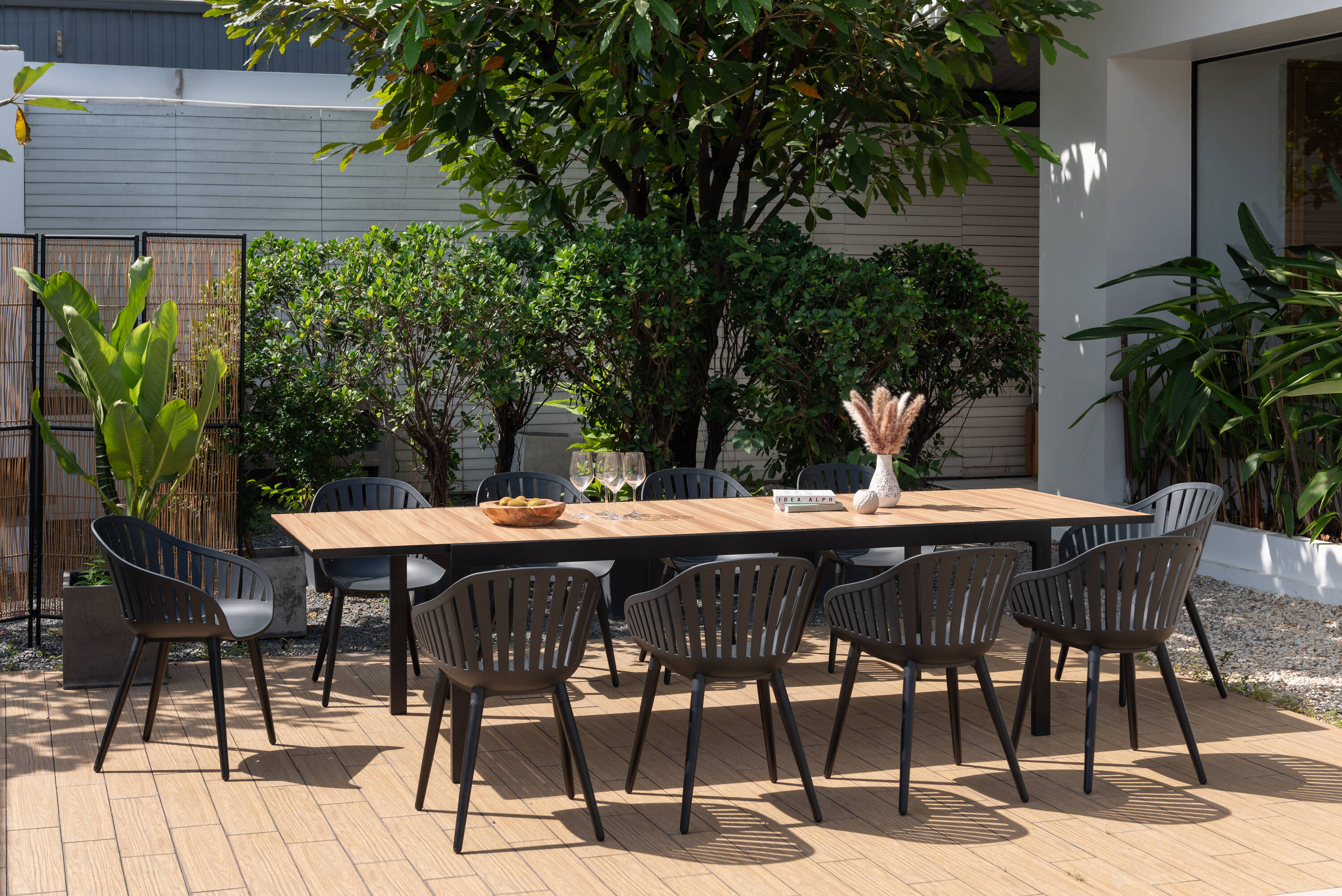 Amazonia PAN10CANNARMBK 11 -Piece Black Patio Dining Set Extendable Table Aluminum Rectangle Table with 10 Stationary Chairs