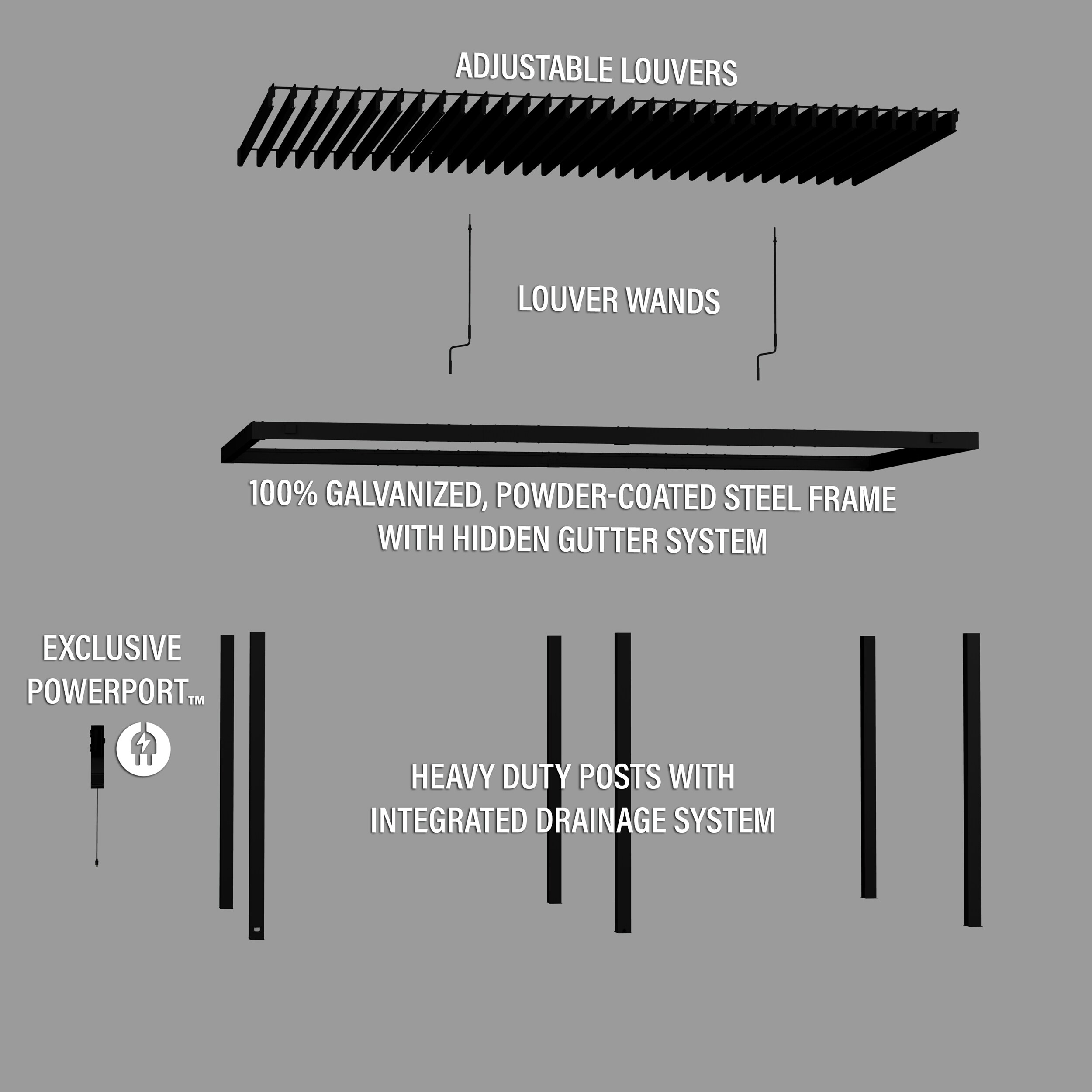 Sarasota Black Steel Louvered Pergola with Canopy