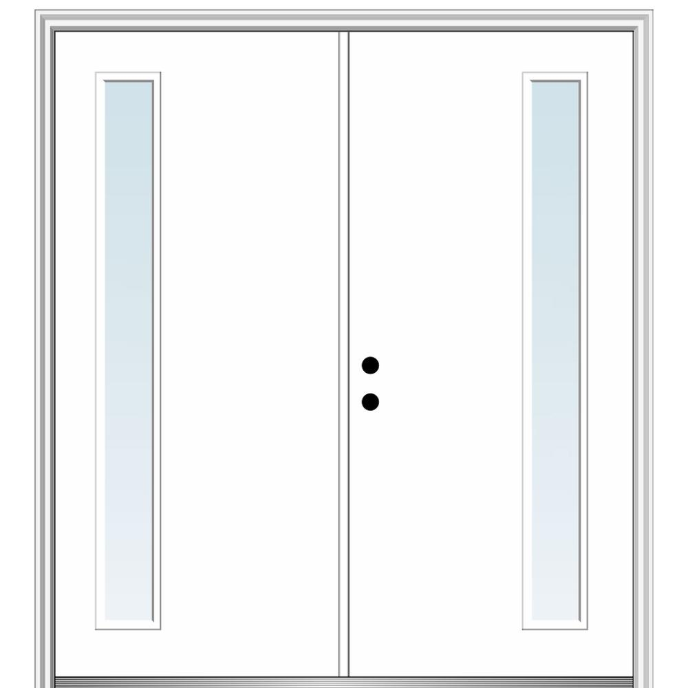 MMI DOOR ZZ345959R Spotlights 60-in x 80-in x 4-9/16-in Fiberglass Pulse lite Right-hand inswing Brilliant White Painted Prehung Double Front Door with Brickmould Insulating core