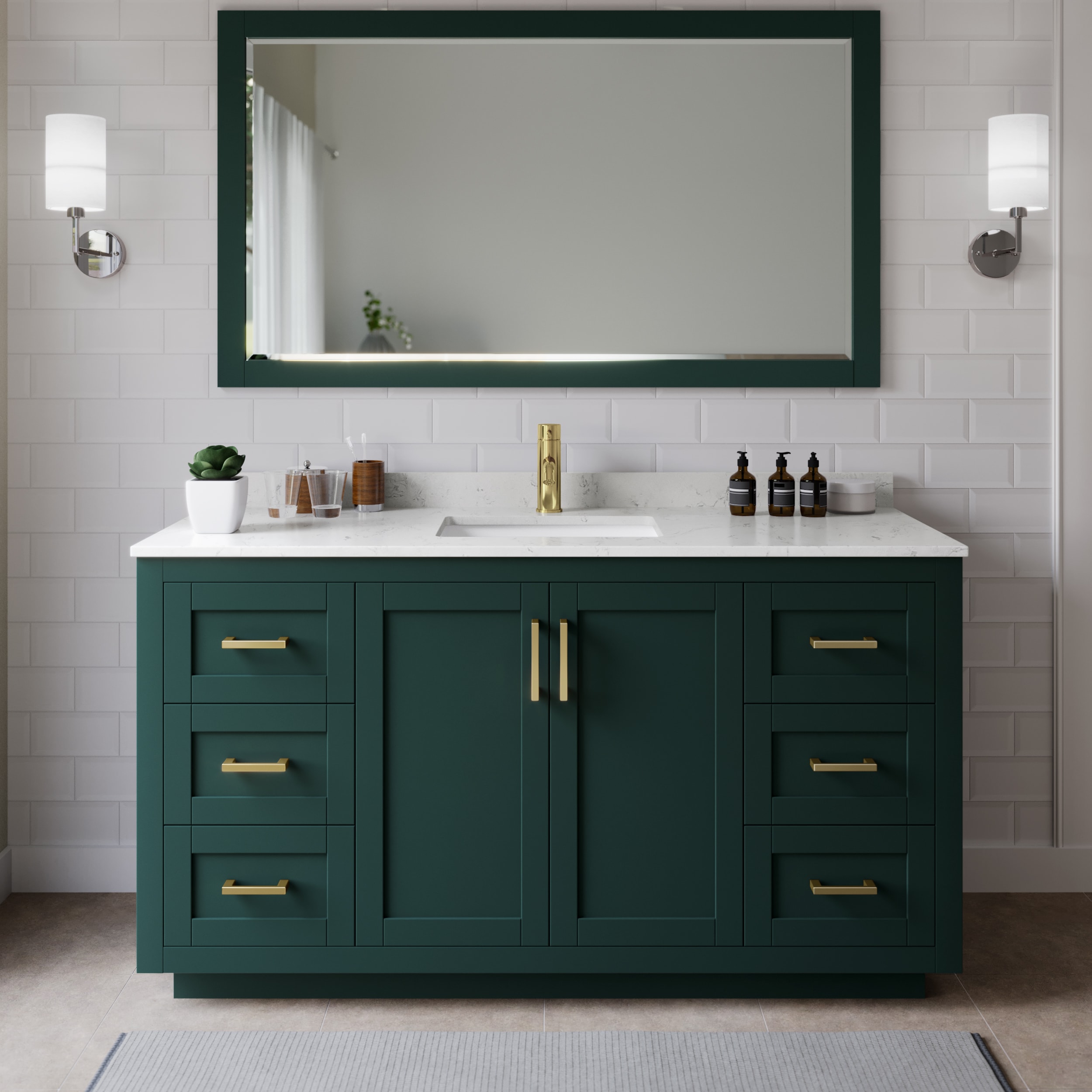 Wyndham Collection WCF292966SGDC2UNSMXX Miranda 66-in Green with Brushed Gold Trim Undermount Single sink Bathroom Vanity with Carrara Cultured Marble Cultured marble Top