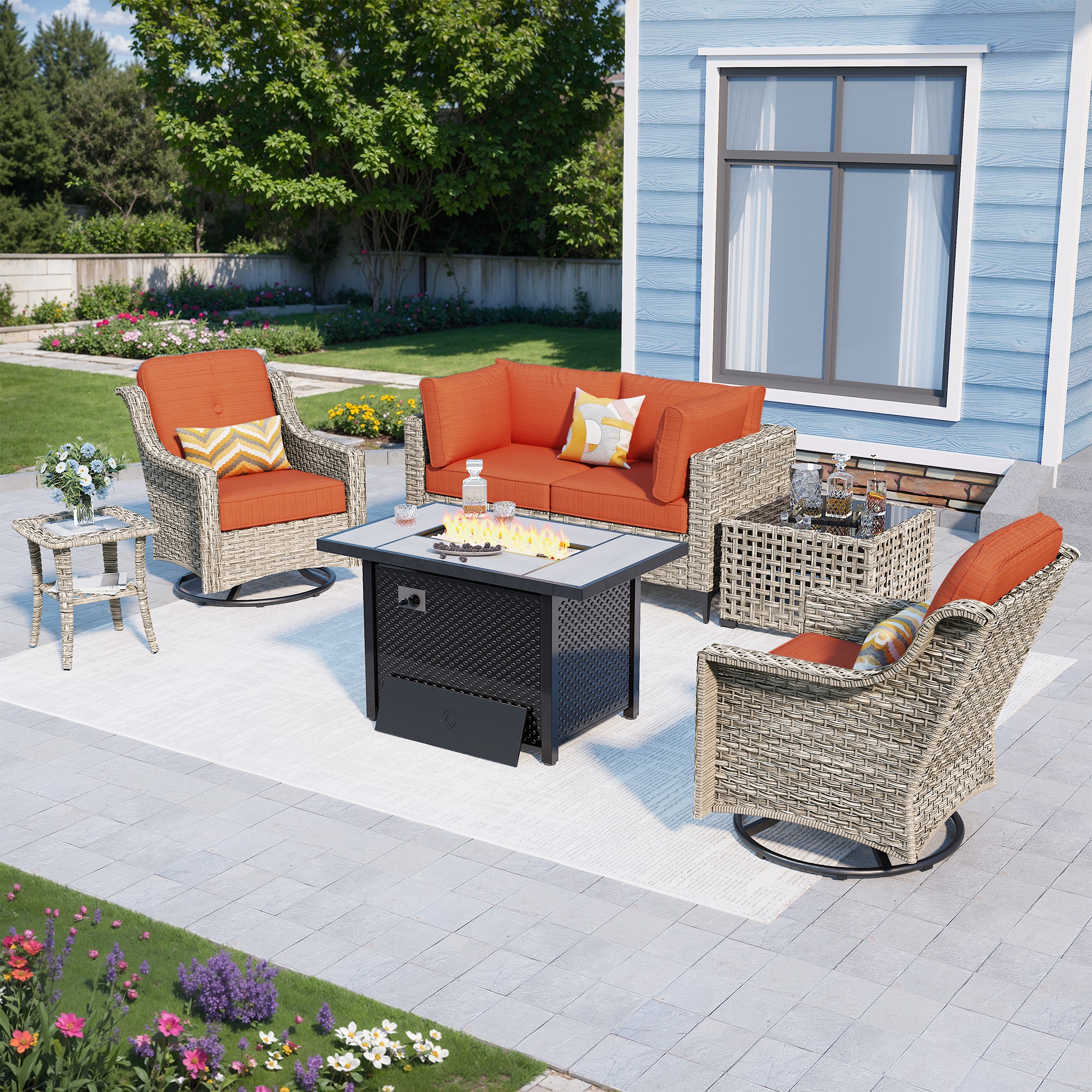 Caodoc L5-CFP03-YZSKT807-1 YZSKT Wicker Outdoor Sectional with Orange Cushions and Rattan Frame