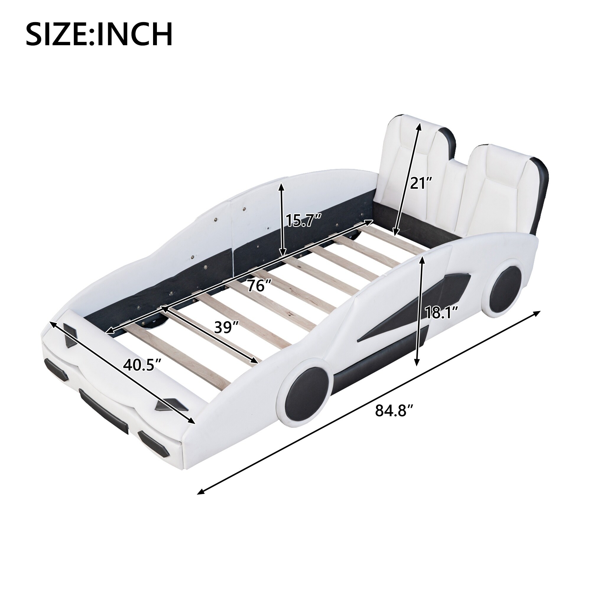 Horizons Prime Twin Size White Pine Wood Race Car-Shaped Platform Bed ...