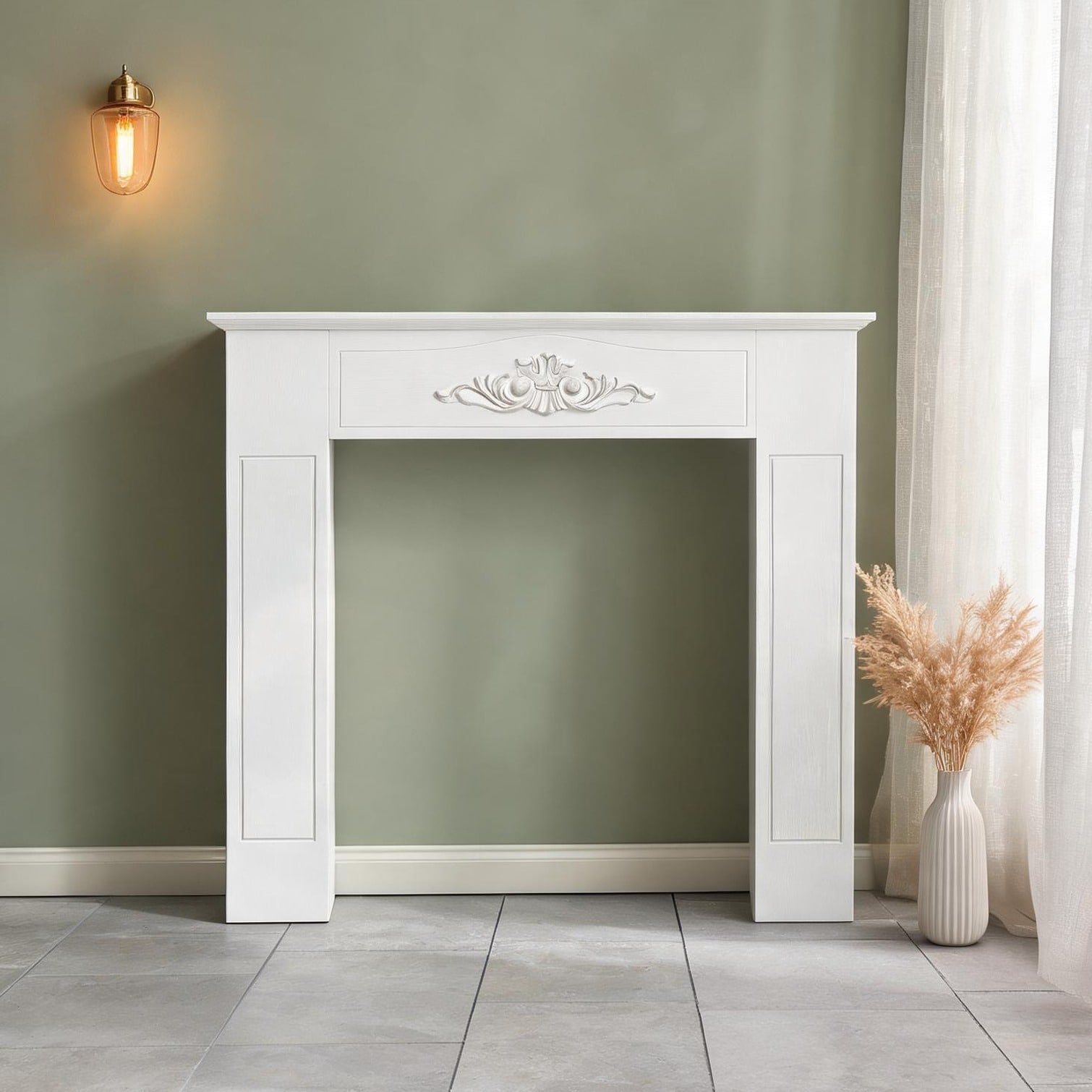 SunJet Freestanding Electric Fireplace Mantel Surround in Classic White Fir Wood 44.75 W x 40 H Distressed Finish with Floral Carving Living Room or Bedroom Decor