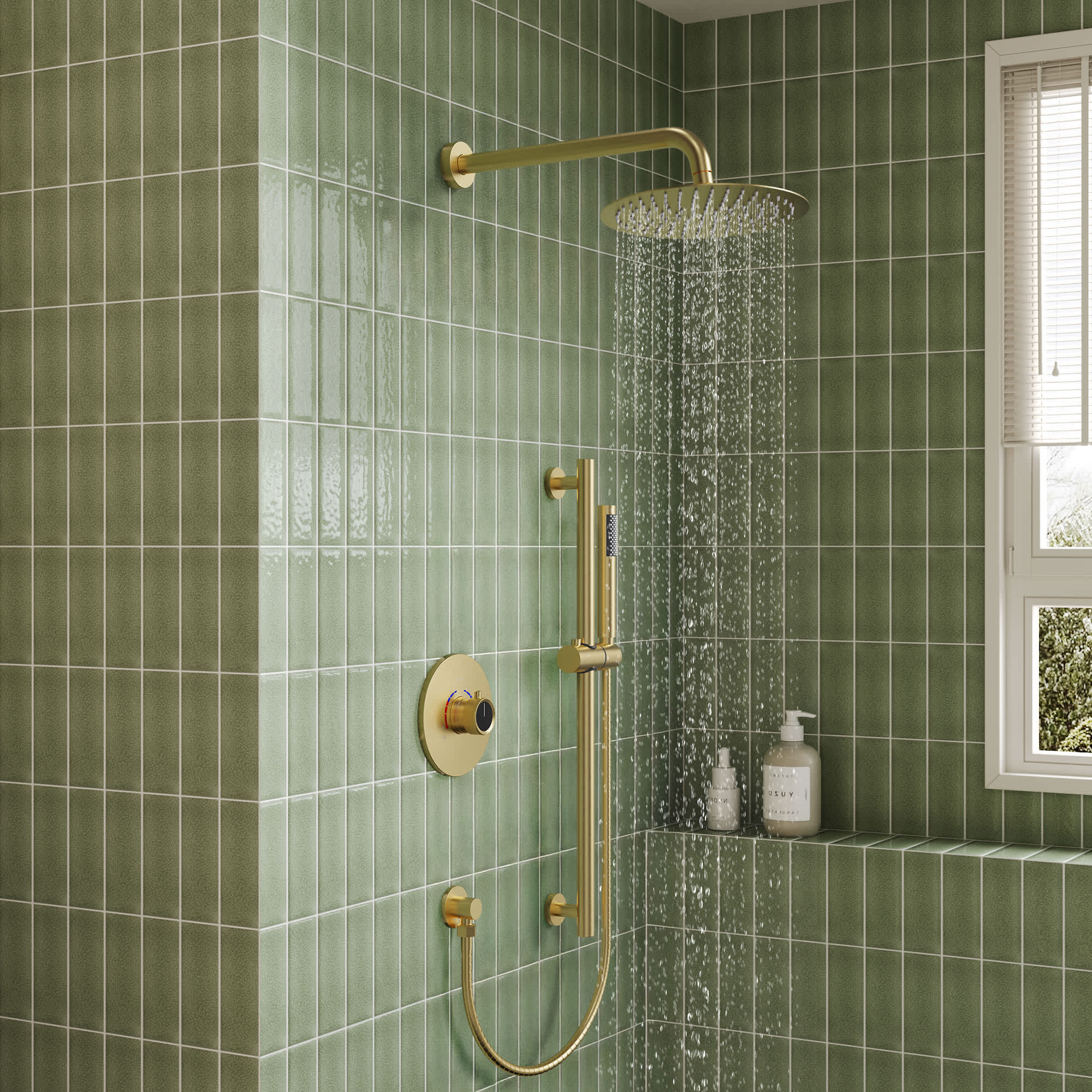EVERSTEIN SFS-1013-GD10 Wall Mount Pressure-Balanced Shower System with 10-in Rainfall Shower Head and Slider Bar Handheld Spray in Brushed Gold