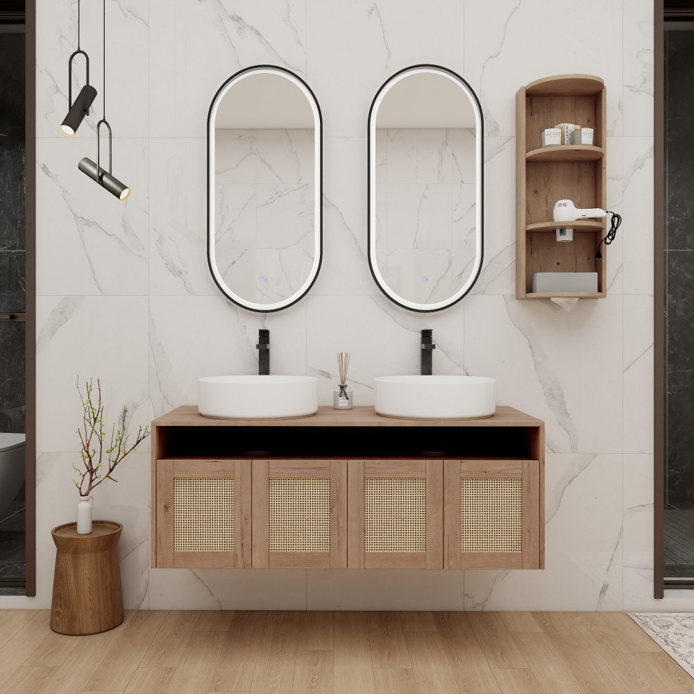 Basdien 47 in Brown Wall Mount Vanity Two Ceramic Art Sinks Storage Rack Four Soft Close Doors Plywood Construction KD Packing Easy Assembly Modern Bath Design Water Resistant Melamine Scratch Proof Surface Eco Friendly Board Hassle Free Setup