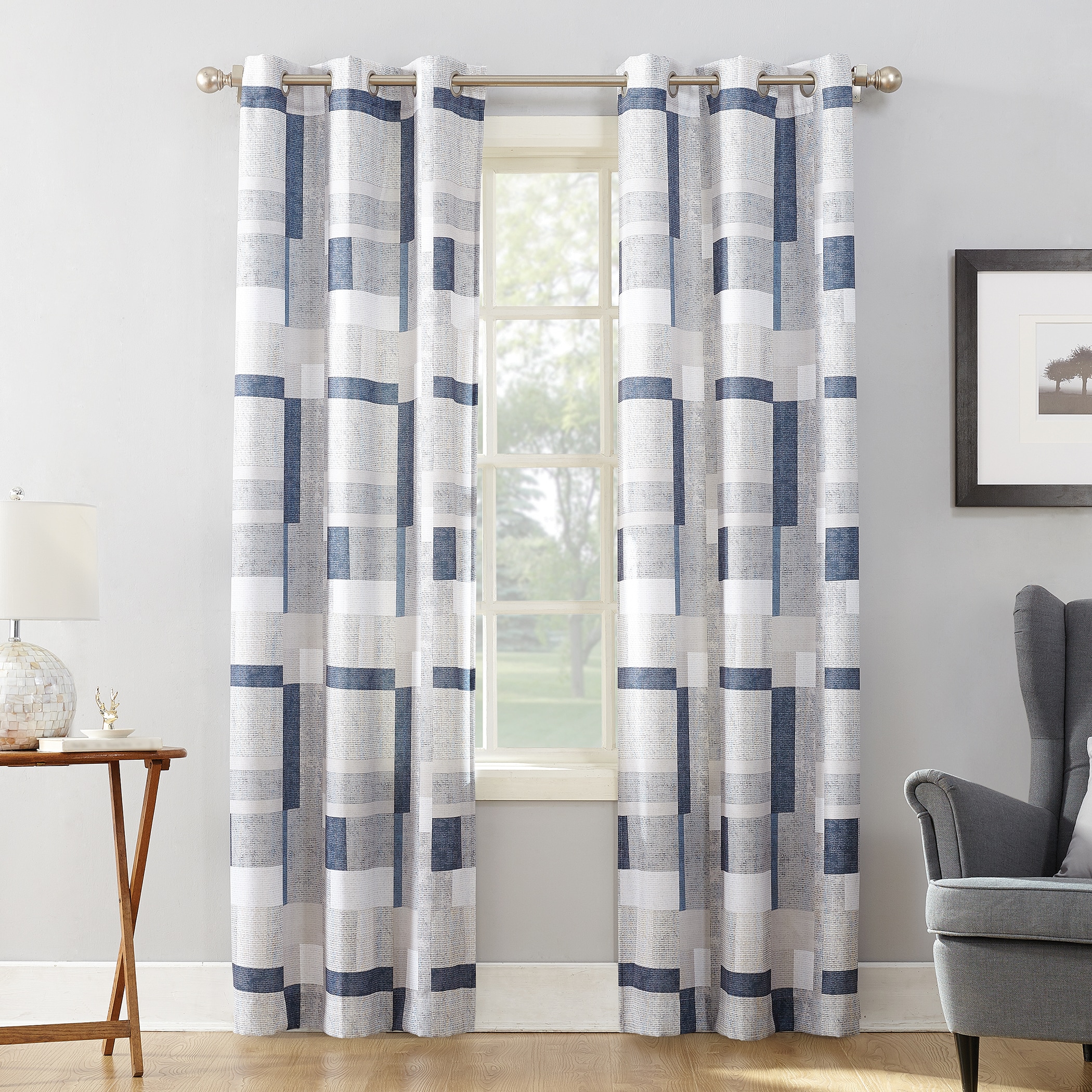 Navy and White Geometric Polyester Sheer Grommet Curtain Panel 40" x 63"