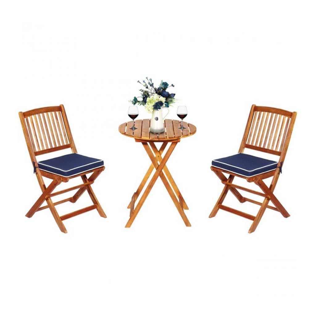AHIOU HOME ZAAHD-HAP8WYDS Berkeley 3 -Piece Wooden Bistro Patio Dining Set Wood Round Table with 2 Navy Cushions Stationary Chairs
