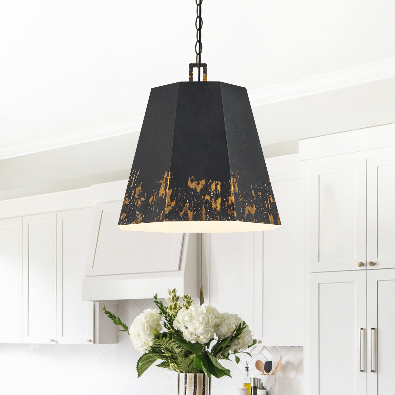 MENCOLULU 14.96 inch Hand-Finished Black-and-Gold Distressed Octagonal Cone Metal Pendant Lighting 1 -Light Matte Black Farmhouse Metal Geometric Large Hanging Convertible pendant/Semi-flush Light