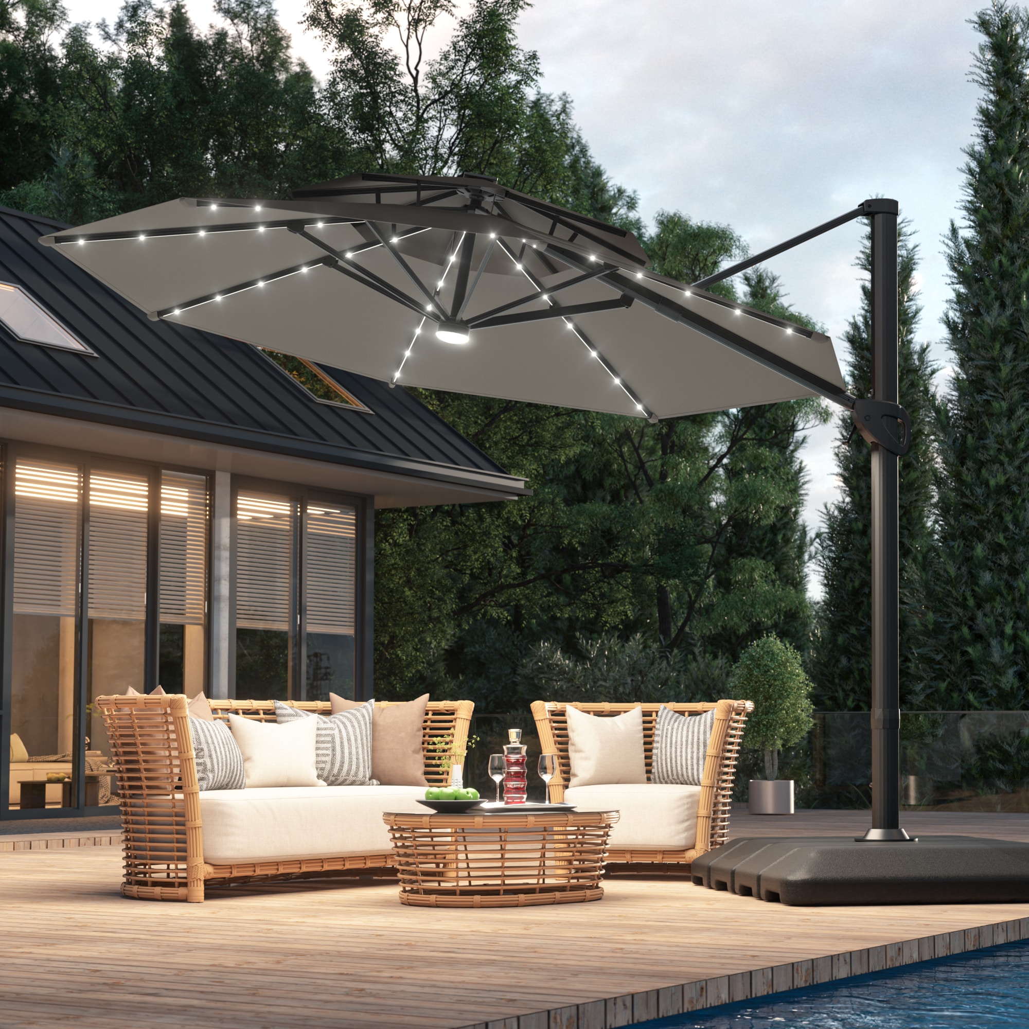 ACEGOSES LW-44GY-H 11-ft Aluminum Gray No-tilt Cantilever Patio Umbrella with Lights with Base