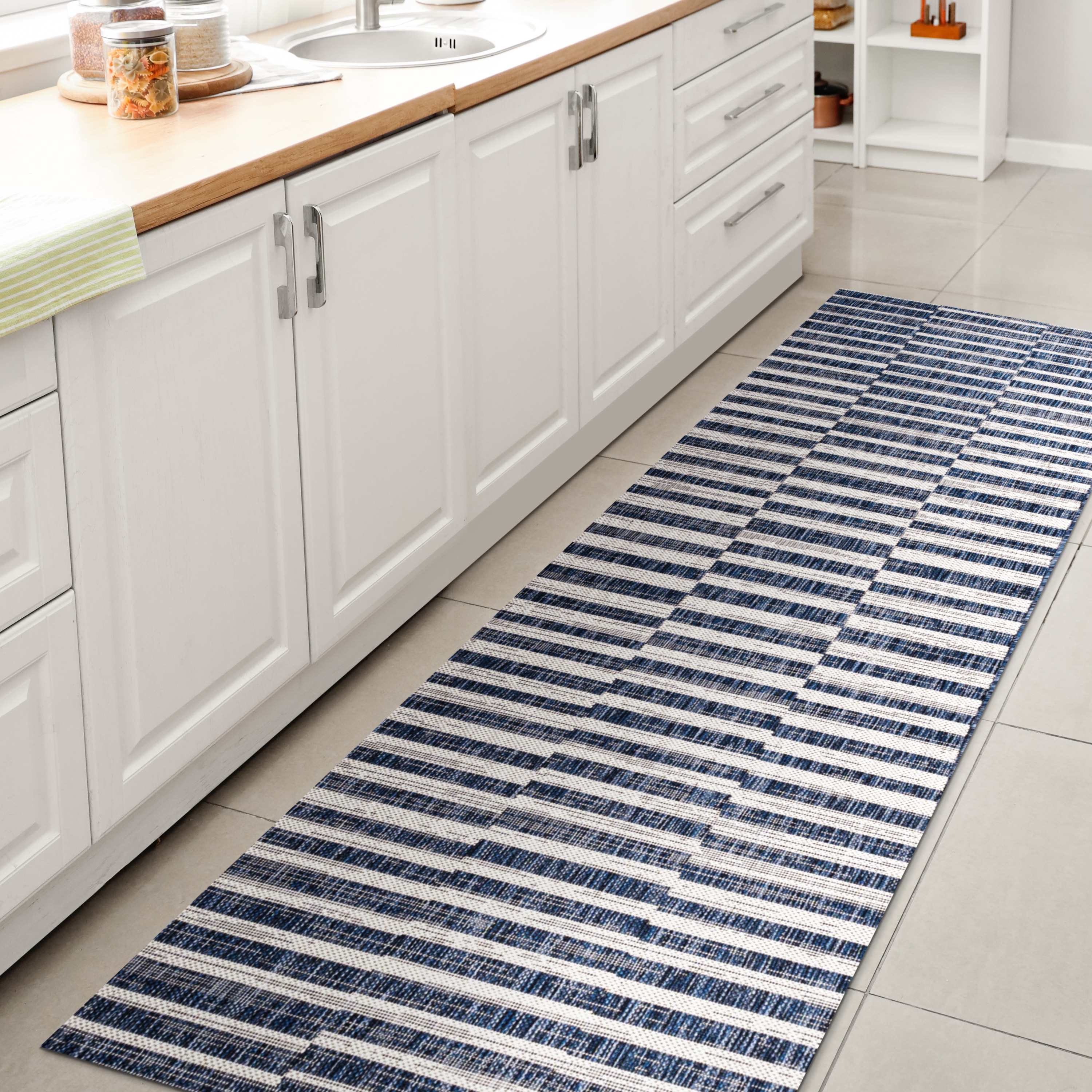 JONATHAN  Y SMB133D-28 Santa Monica Sukie Offset 2 x 8 (ft) Loomed Polypropylene Blue/Ivory Rectangular Indoor/Outdoor Stripe Bohemian/Eclectic Runner rug