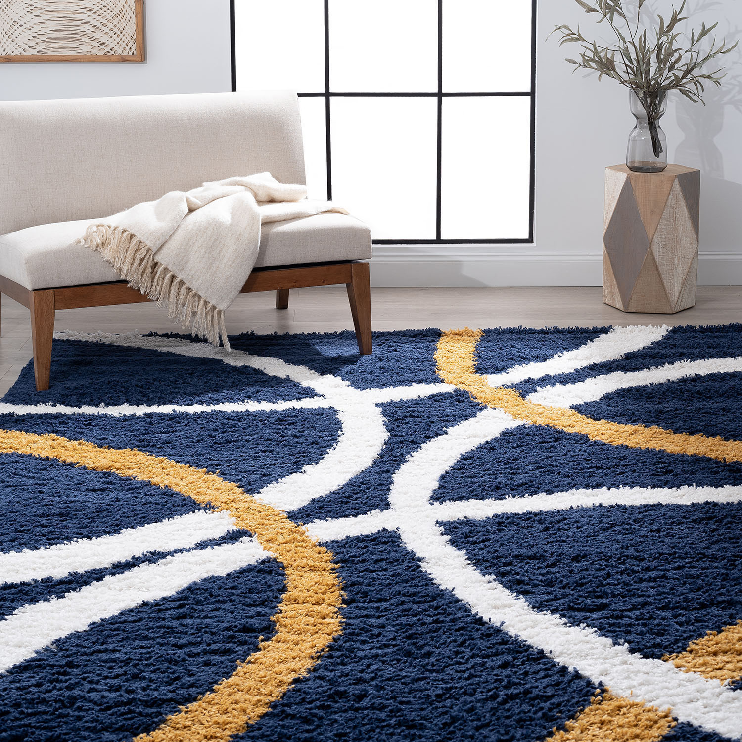 Tayse UPT1160 8X10 Uptown Shag 8 x 10 (ft) Loomed Polypropylene Blue/Yellow Rectangular Indoor Geometric Mid-Century Modern Area rug