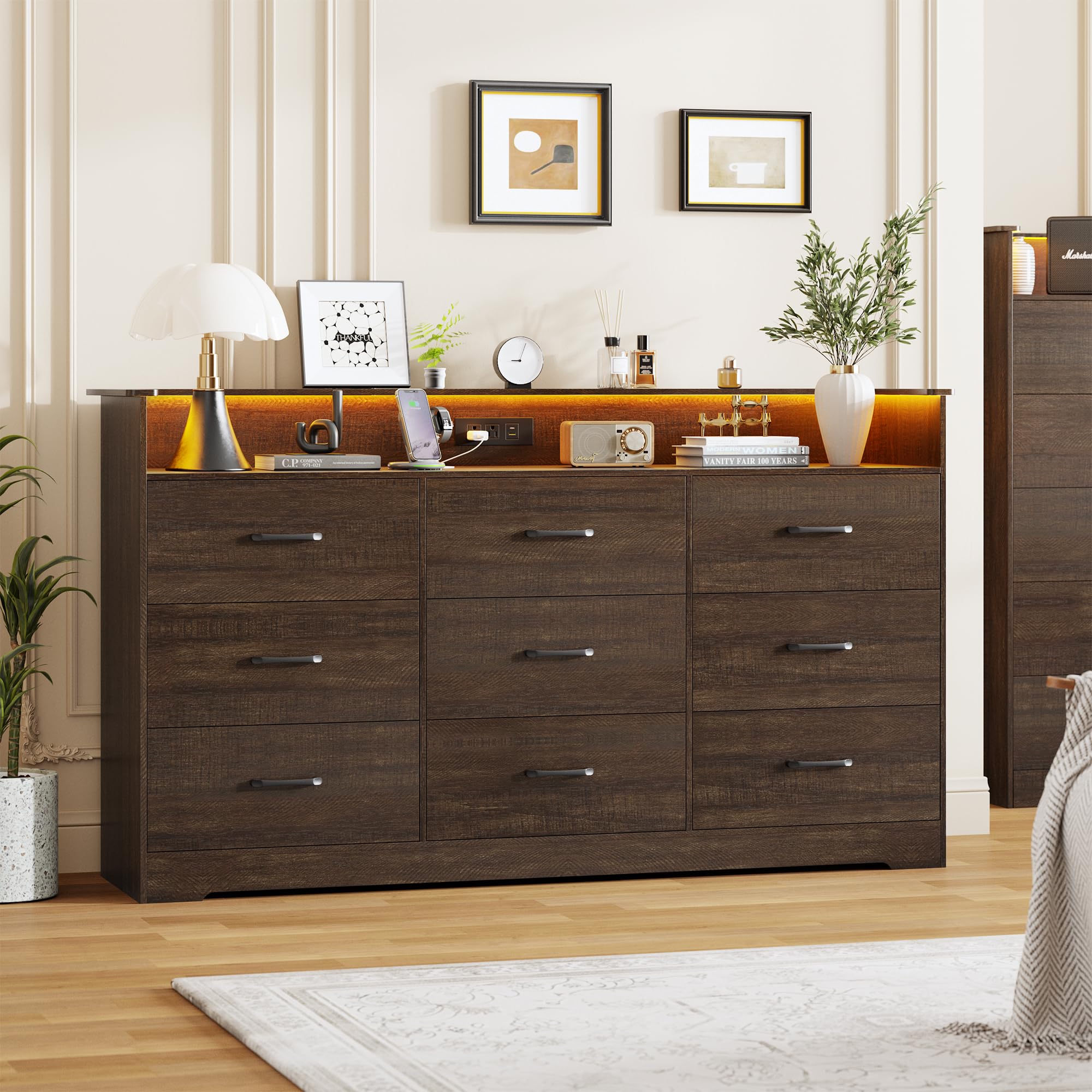 IdealHouse 9 Drawer Dresser for Bedroom - 65 Inch Wide Chest of Drawers with LED Light and Charging Station