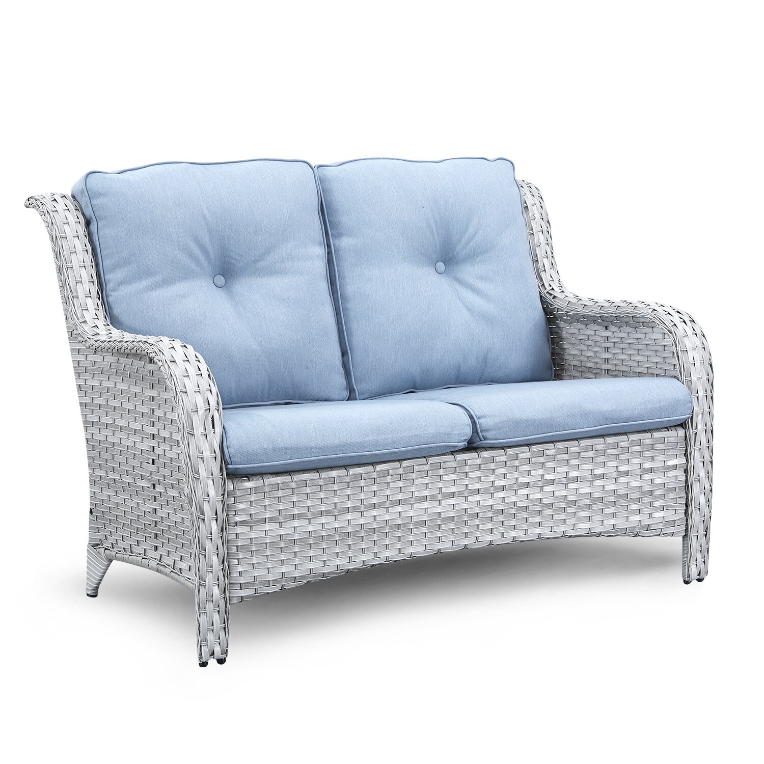 Rilyson Curved handrail Wicker Outdoor Loveseat with Blue Cushion