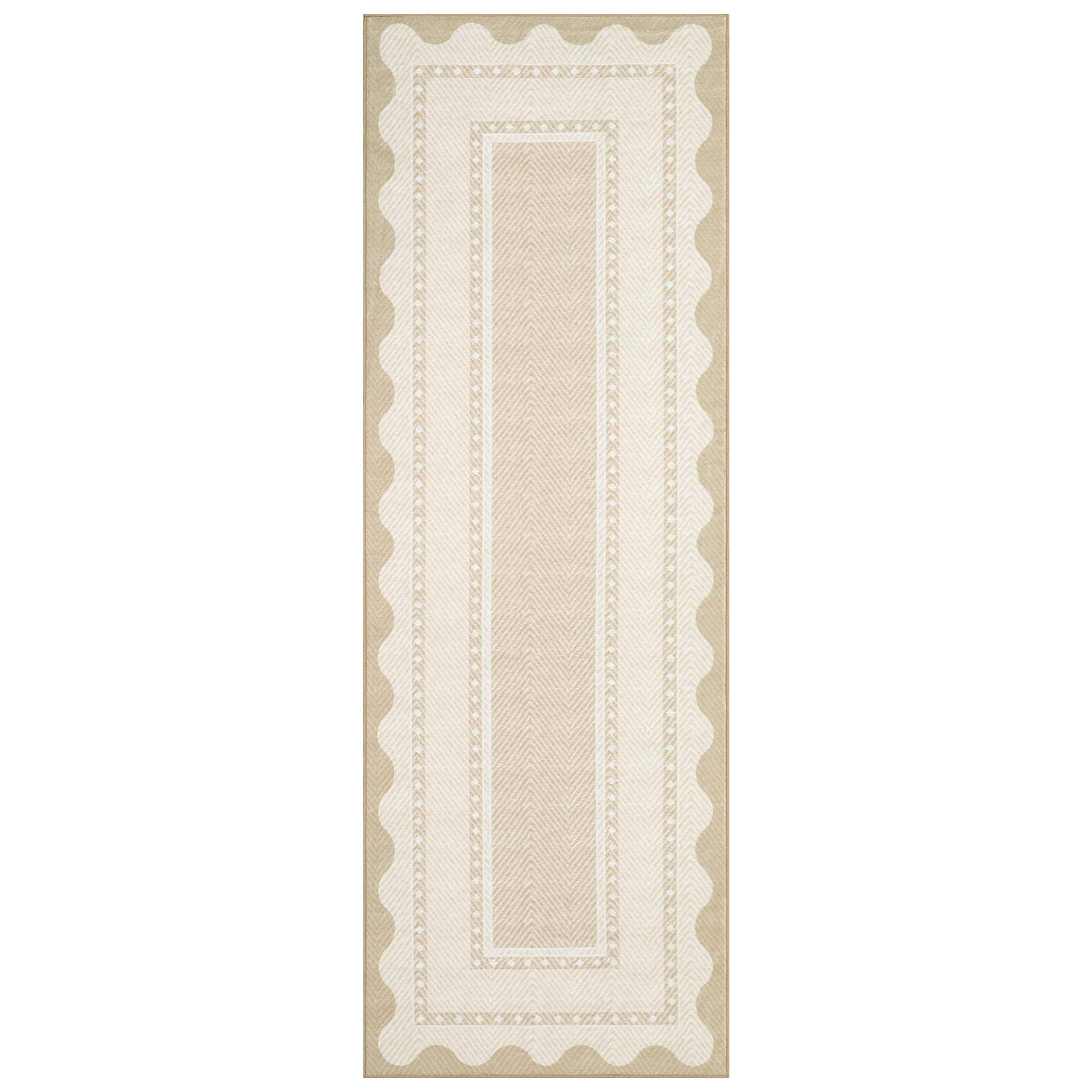 2 x 6 ft Beige Polyester Washable Soft Non Slip Modern Scalloped Bordered Rectangular Runner Rug for Kitchen Bedroom Laundry Bathroom