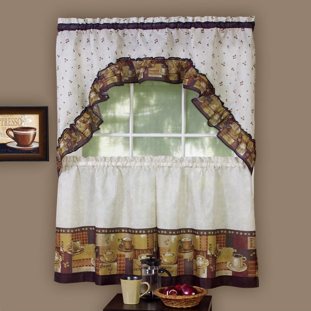 Ivory and Brown Coffee Print Tier Curtain Set