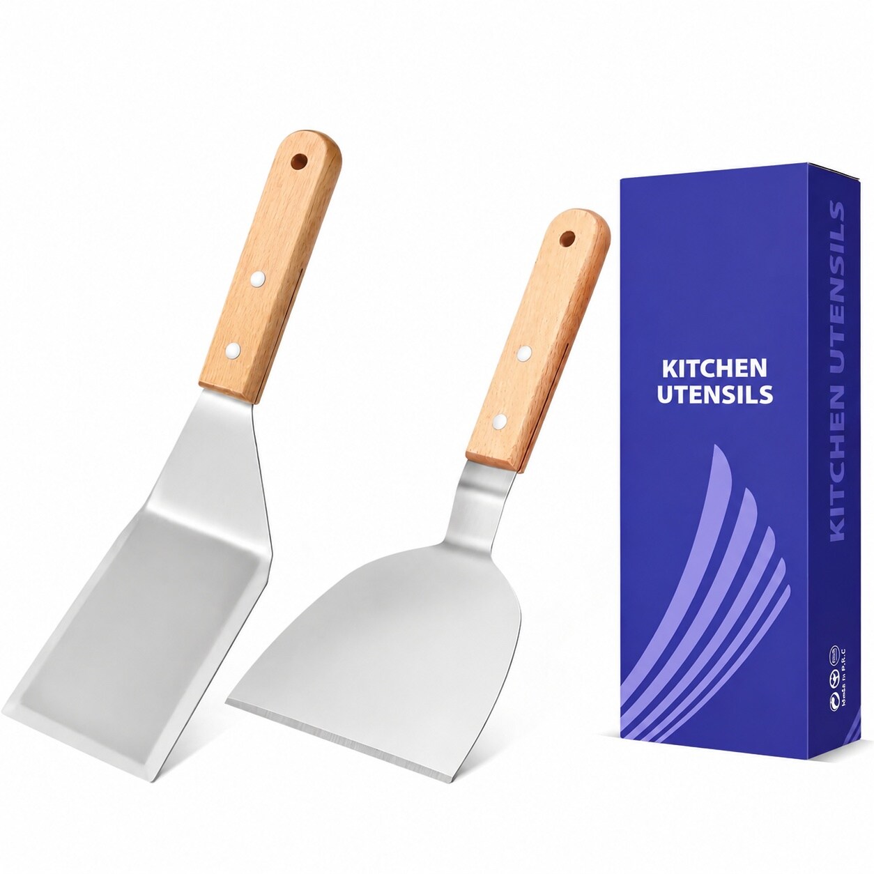 Aoibox  Metal Spatula Set of 2 with Wooden Handles Stainless Steel Turners with Beveled Edges for Cast Iron Skillet