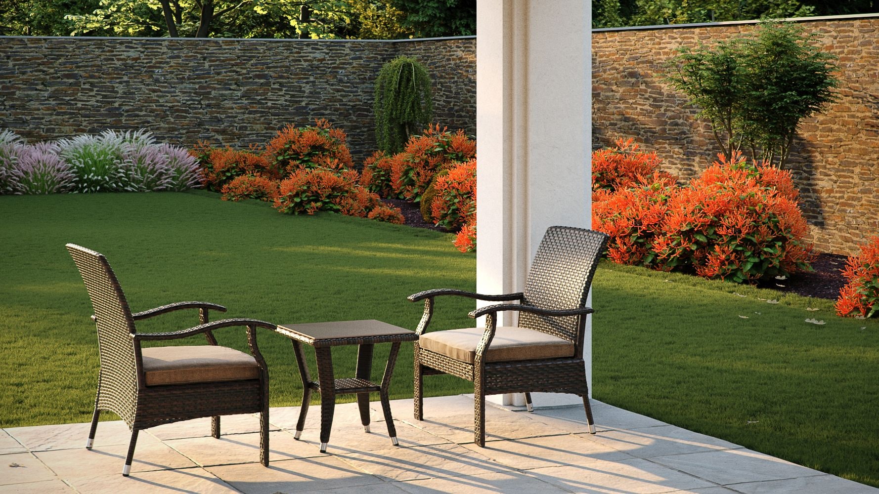 Mocha Resin Wicker 3-Piece Patio Conversation Set with Beige Cushions