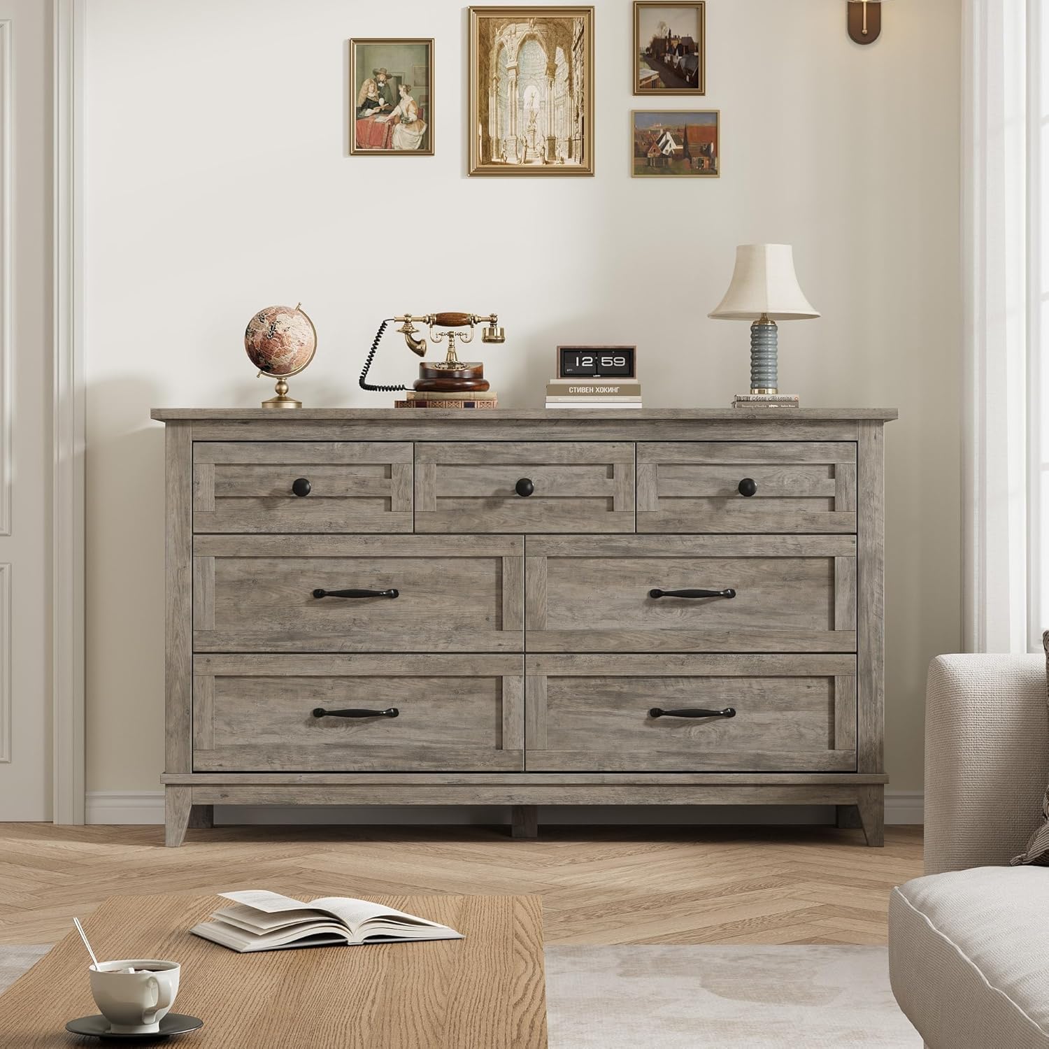 meadow dresser in weathered grey Qeetex Gray Freestanding 54 Inch Wide 7 Drawers Dresser with Large Storage  Compartment and Wooden Closet Storage Chest for Living Room Entryway and  Bedroom in the Dressers department at Lowes.com