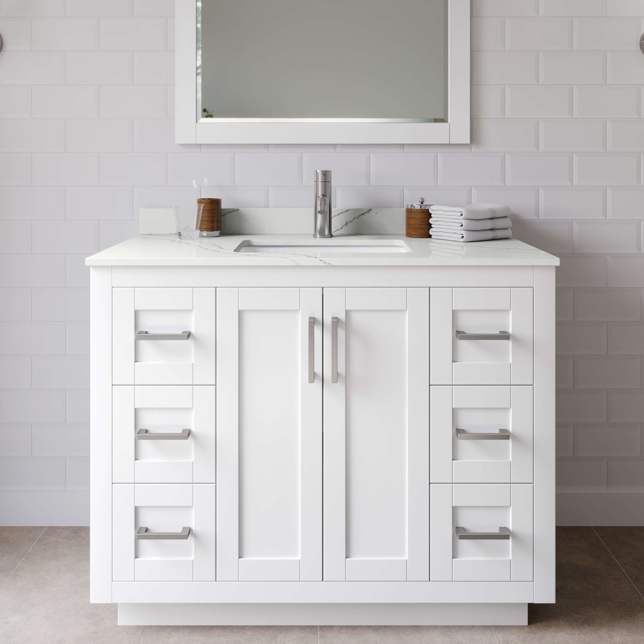 Wyndham Collection WCF292942SWHGTUNSM34 Miranda 42-in White Undermount Single Sink Bathroom Vanity with Giotto Quartz Top (Mirror Included)
