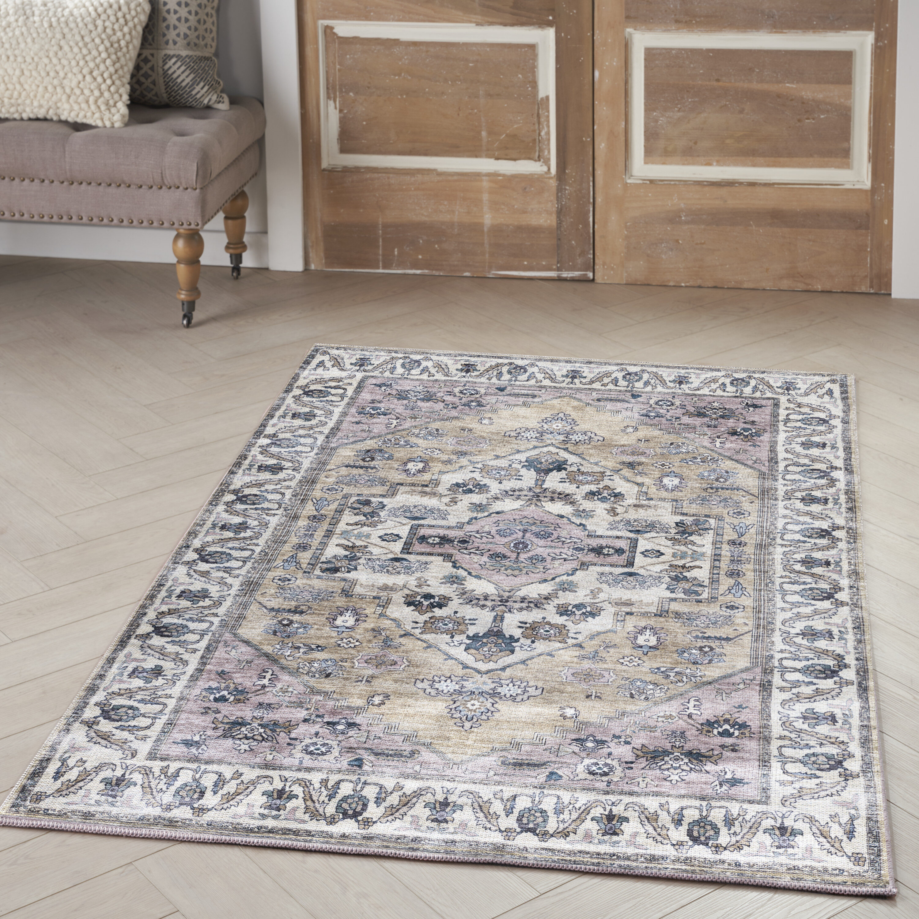 Nourison 099446914088 Brilliance Machine Washable 4 x 6 (ft) Loomed Polyester Beige Multicolor Rectangular Indoor Floral/Botanical Vintage Machine washable Area rug