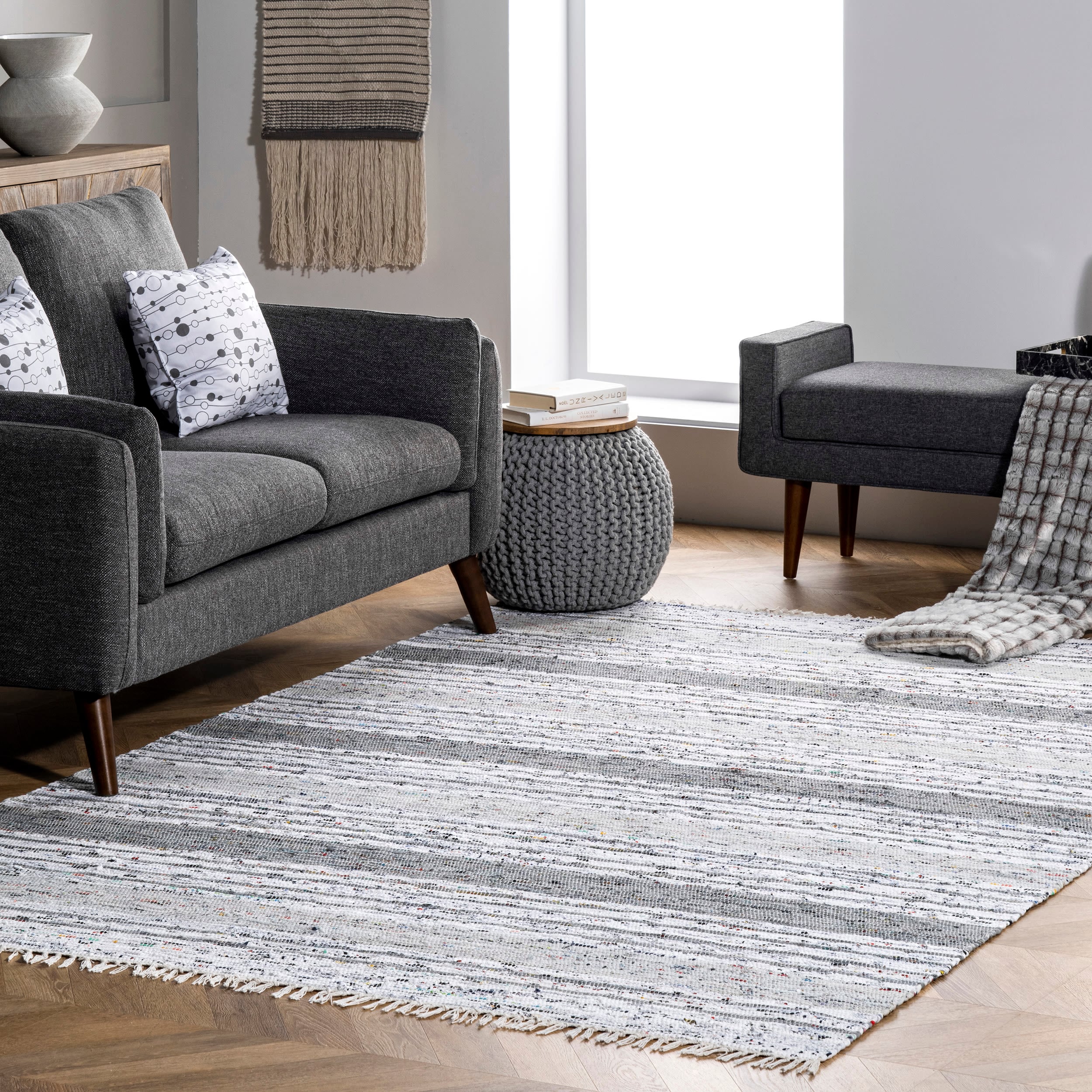 nuLOOM NERG02A-9012 Seraphina 9 x 12 (ft) Cotton Gray Rectangular Indoor Stripe Area rug