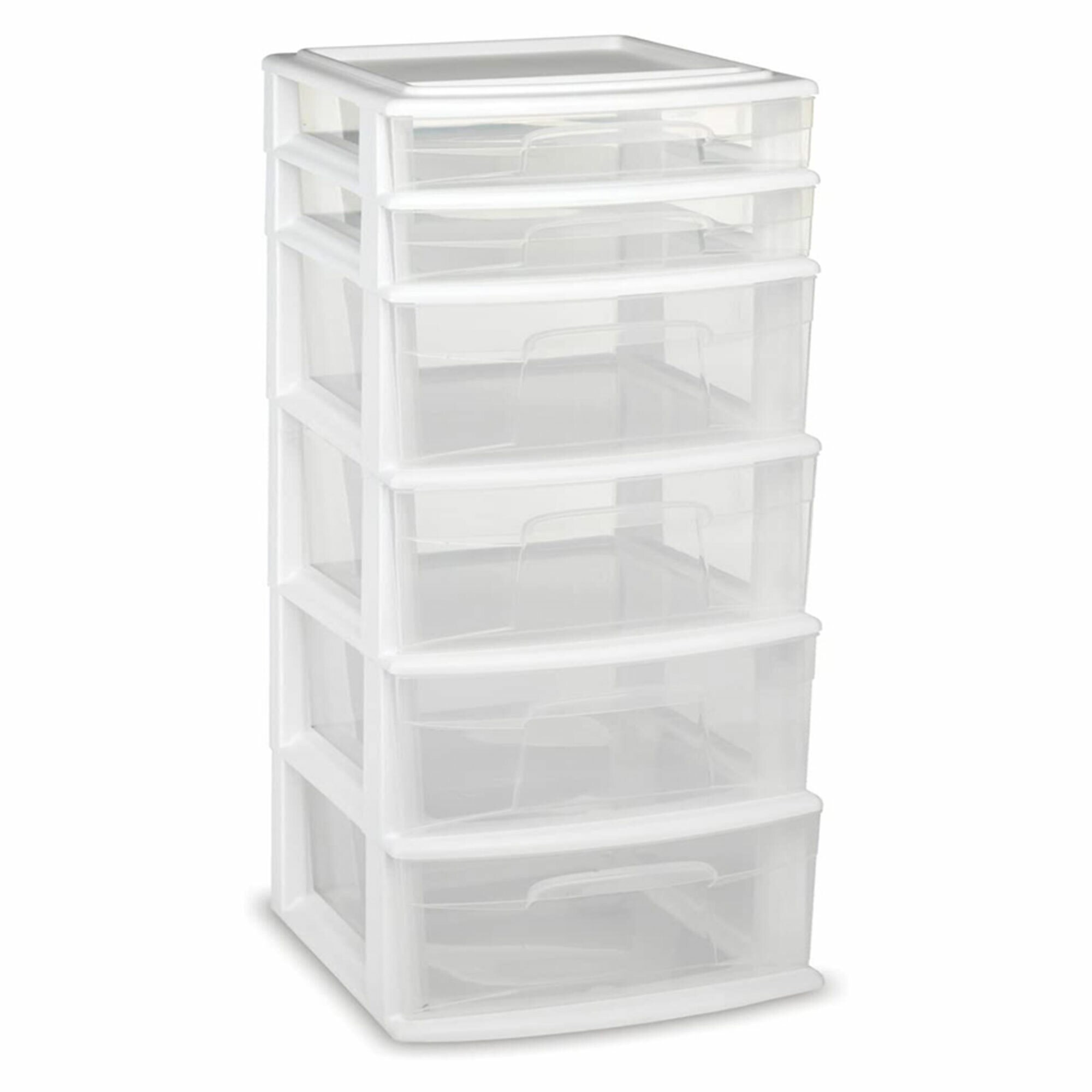 Homz Clear Plastic 3 Drawer Medium Home Organization Storage Container  Tower with 3 Large Drawers and Removeable Caster Wheels, White Frame