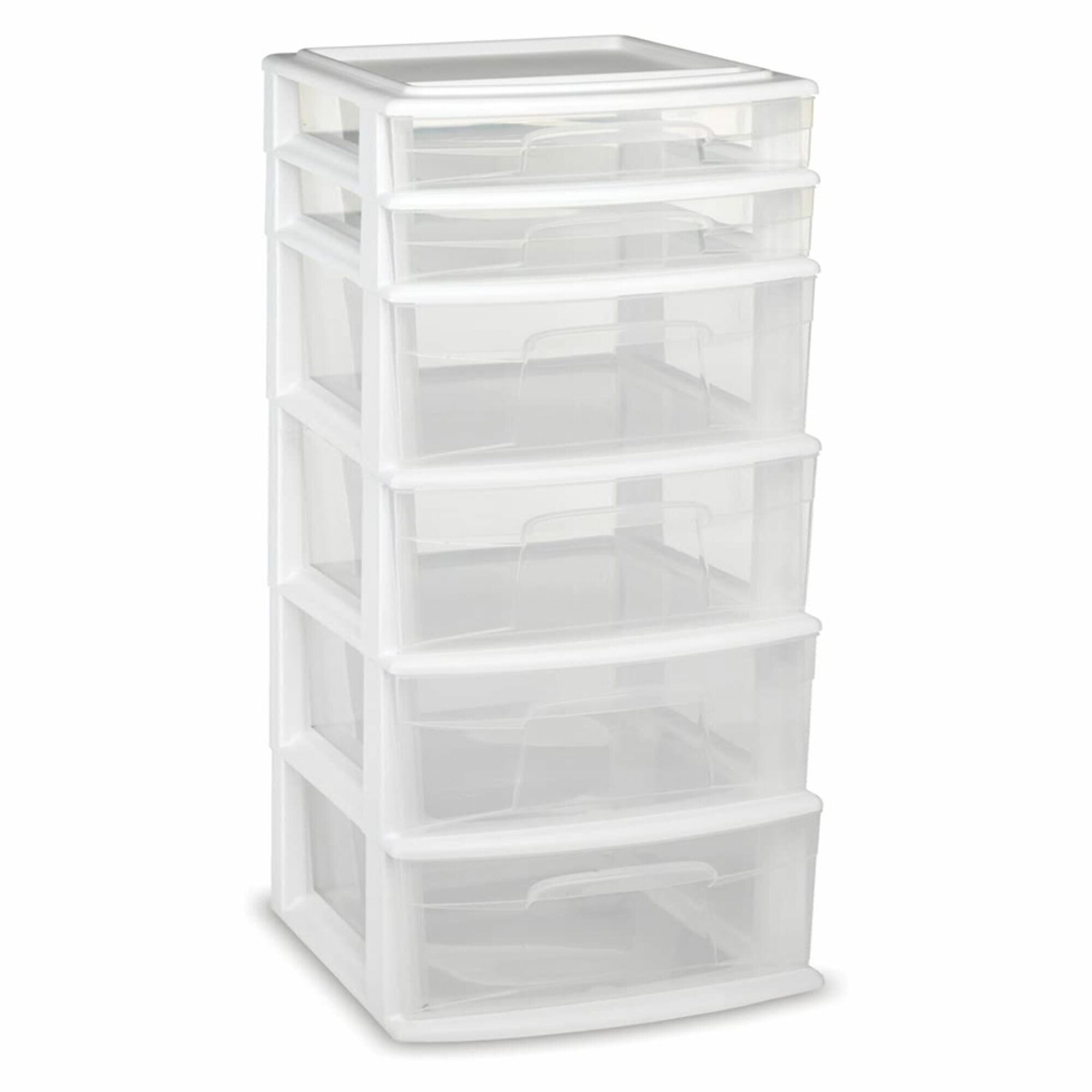 Homz Clear Plastic 4 Drawer Medium Home Organization Storage Container  Tower w/2 Large and 2 Small Drawers, and Removeable Caster Wheels, White  Frame