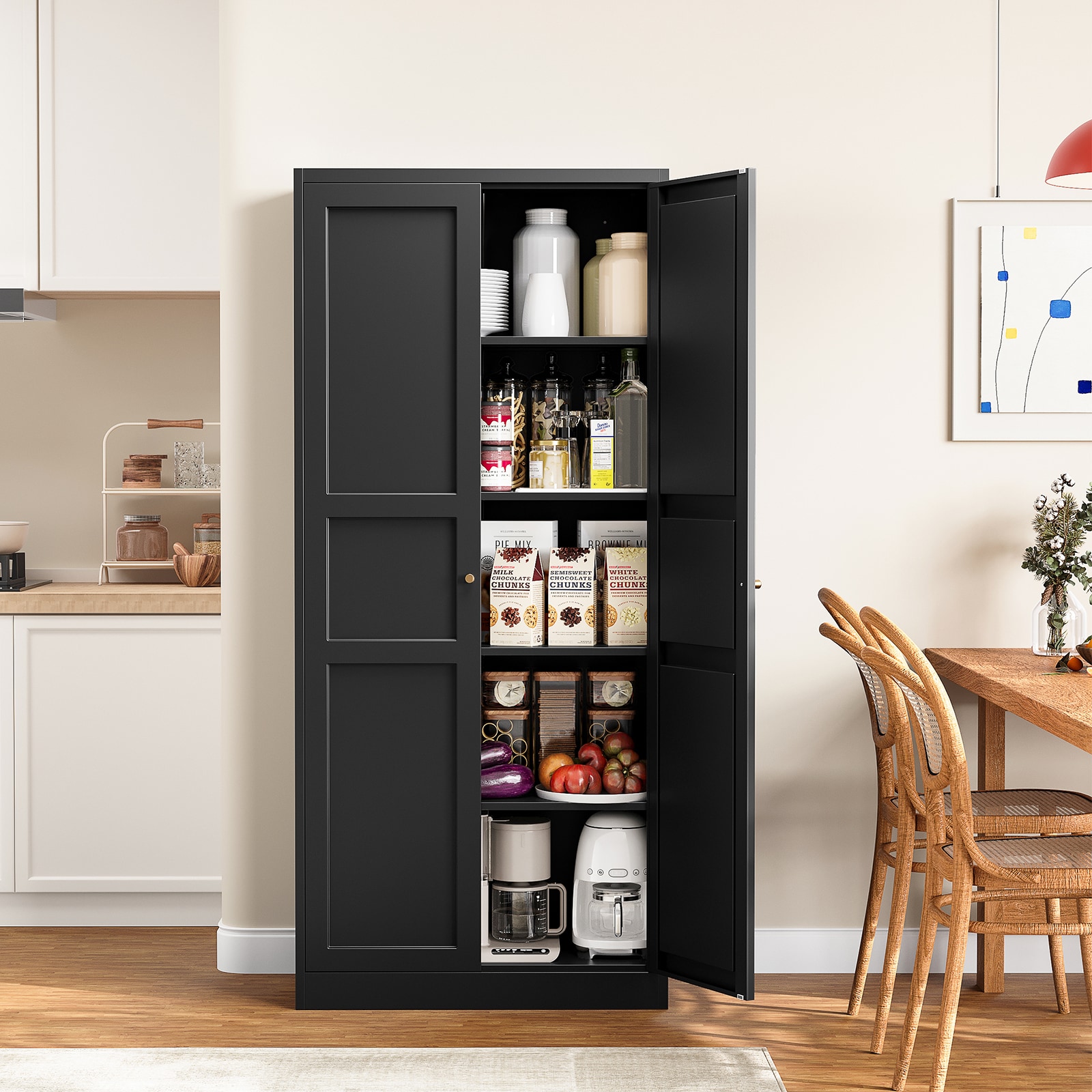 Letaya  Metal Storage Cabinet 71-in H x 31.5-in W x 15.7-in D 4 Adjustable Shelves Black Steel Cabinet with Magnetic Doors for Garage Home Office Kitchen