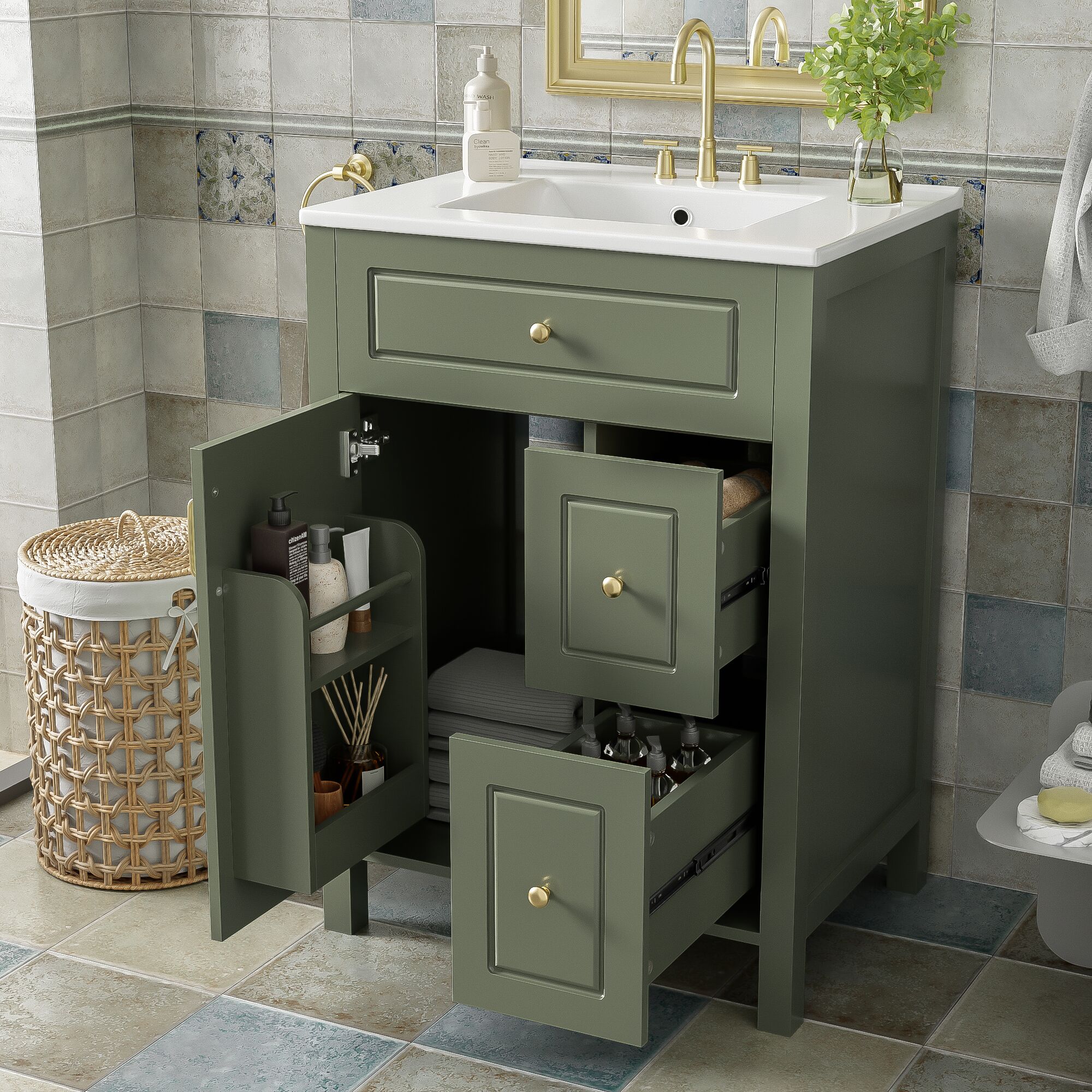 LUXEYARD 24Inch Bathroom Vanity with Ceramic Sink 1 Soft Close Door 2 Soft Close Drawers and Double Storage Racks on the Door