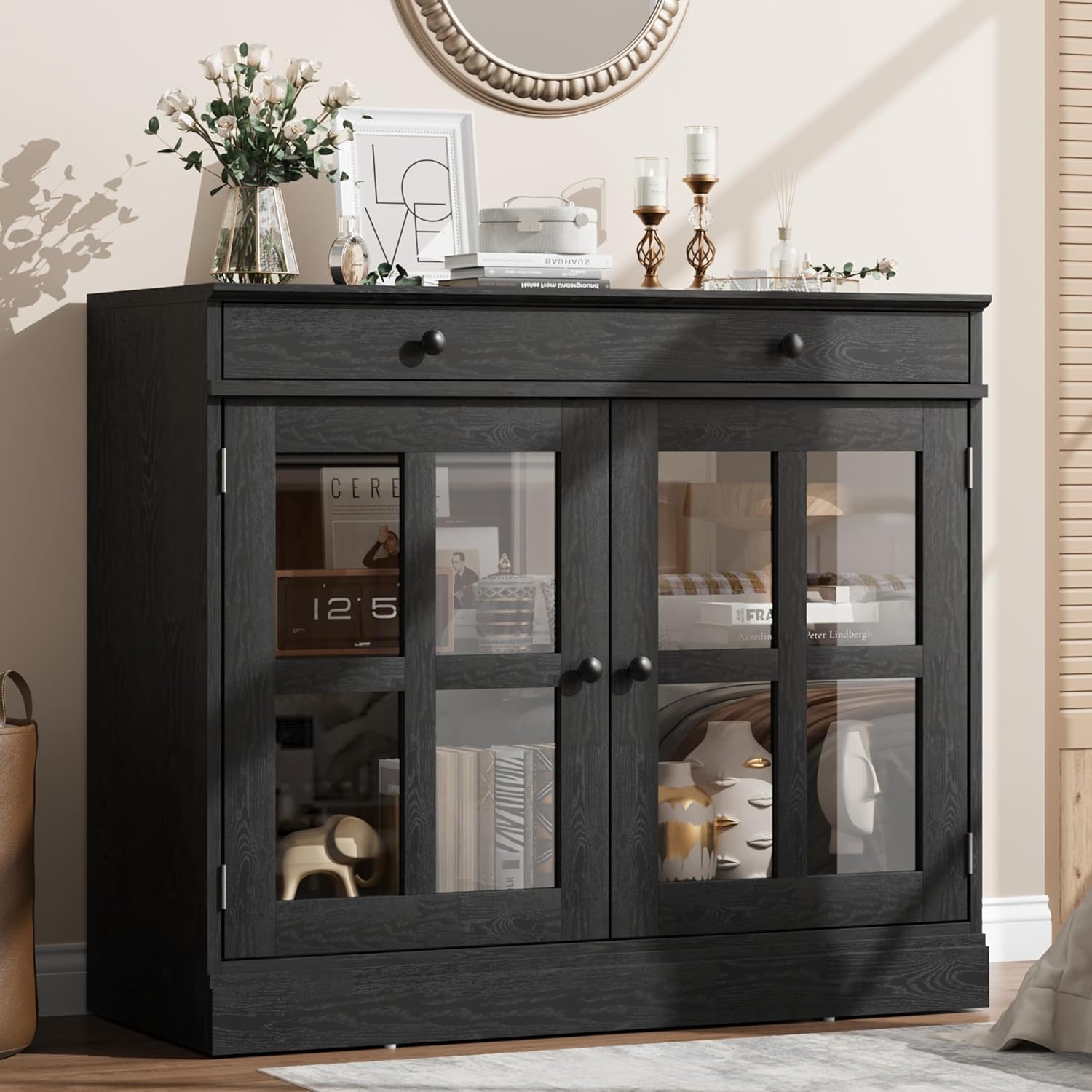 Black 35.4 Inch Sideboard Buffet Cabinet With Glass Door Storage Drawer Modern Buffet For Dining Room Kitchen