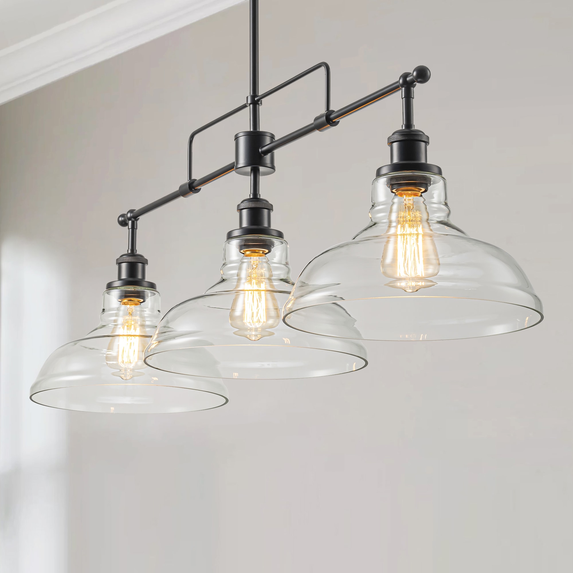 Rennnsan PL810154118 Archie 3 -Light Black Industrial Clear glass Linear Large Hanging Kitchen island light