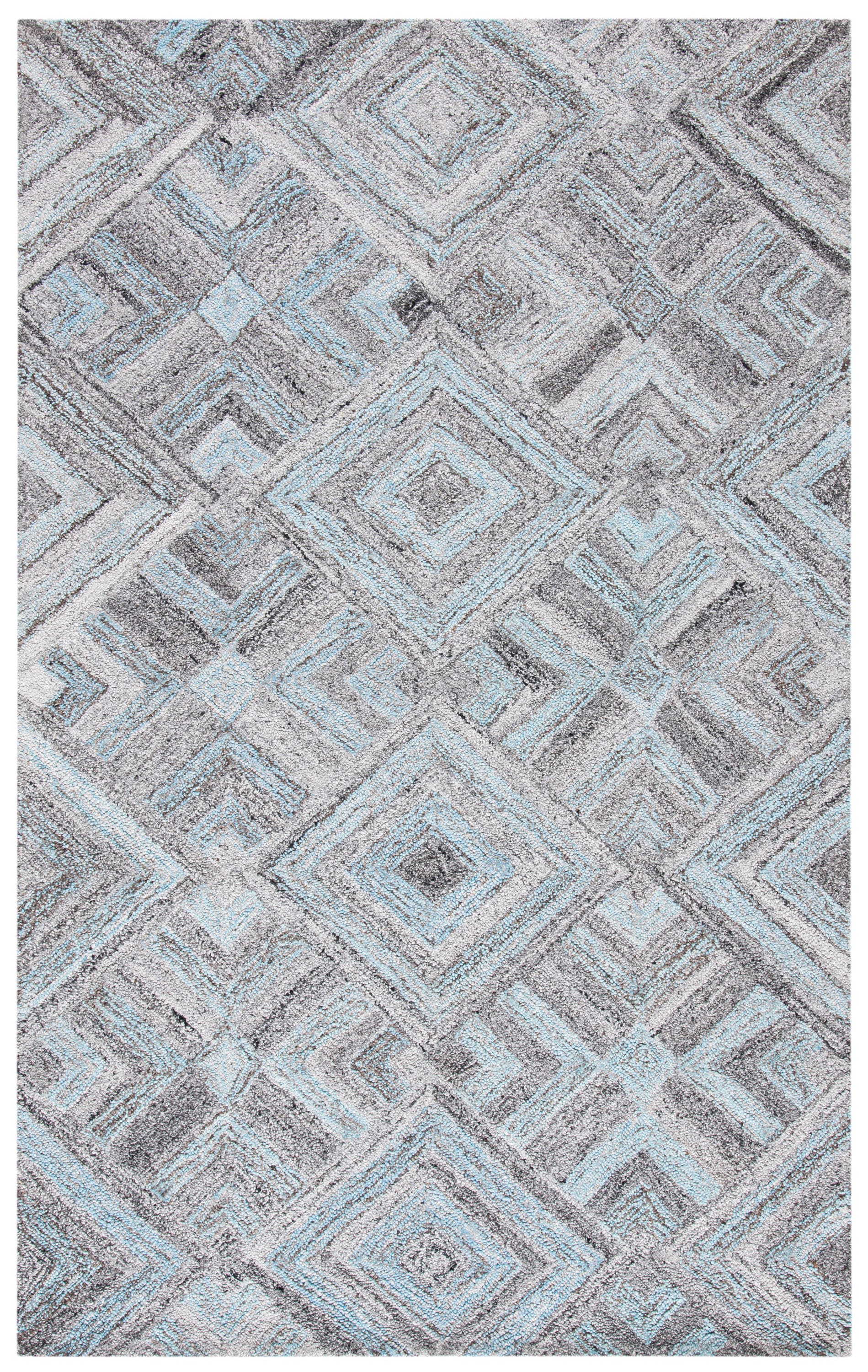 Gray and Turquoise Abstract Wool Viscose 4' x 6' Rug