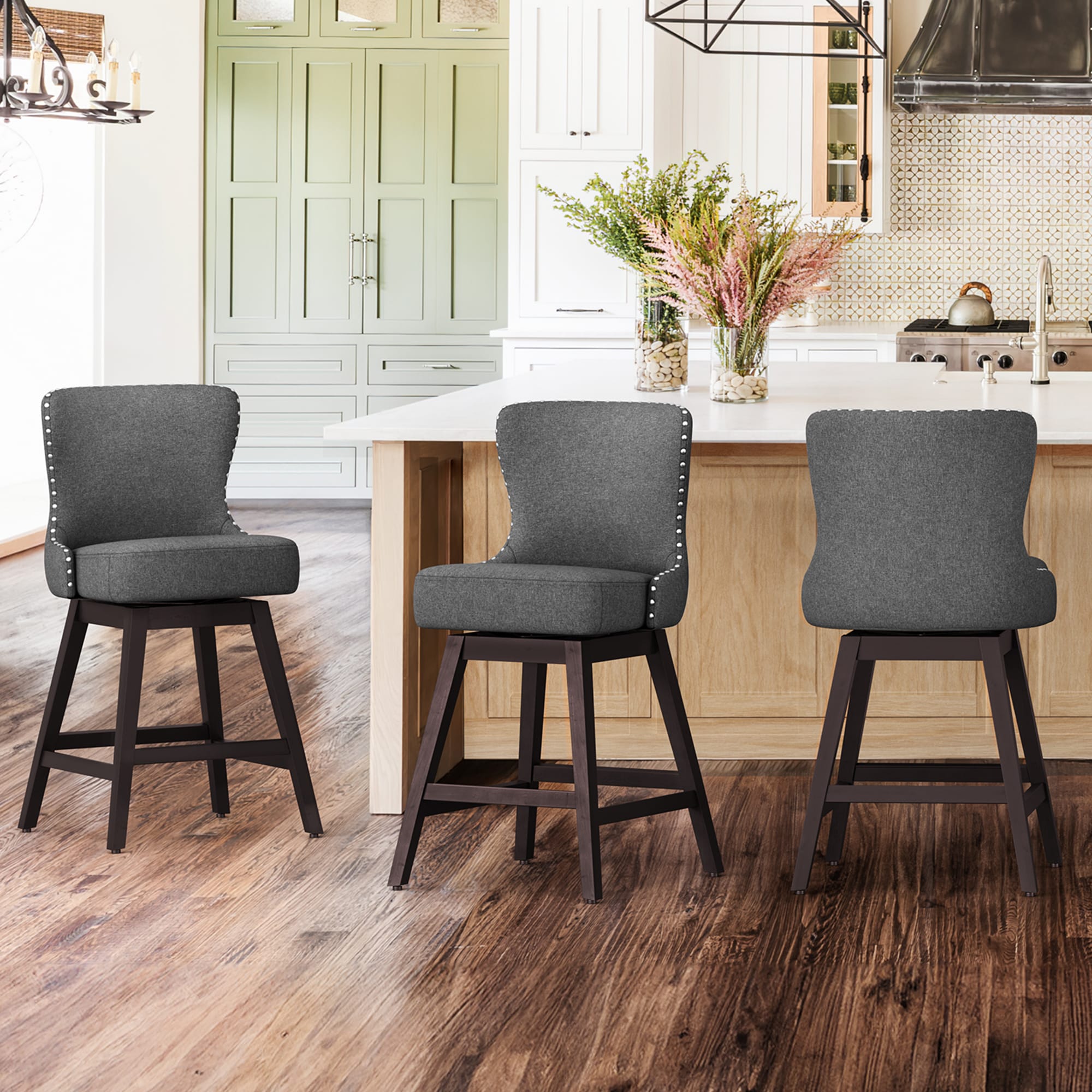 Yurevna ZL-GR-3 Set of 3 Gray 26-in H Counter height (24-in to 27-in) Square Seat Upholstered Swivel Wood Back Bar Stool Back