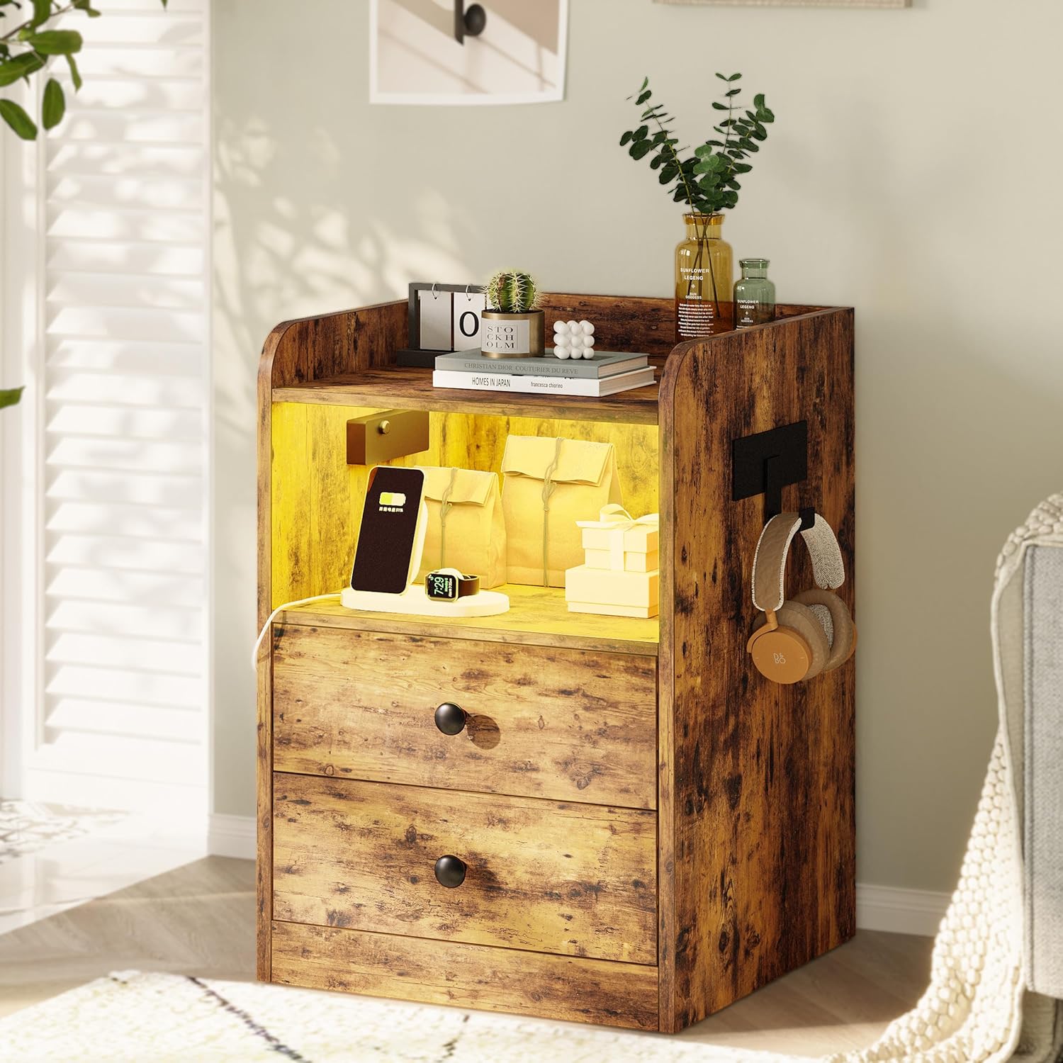 Likimio GS5UGCNEWIIBYQXU 15.7-in W Brown Two Drawers Night Stand with Charging Station and USB Ports and Open Shelf