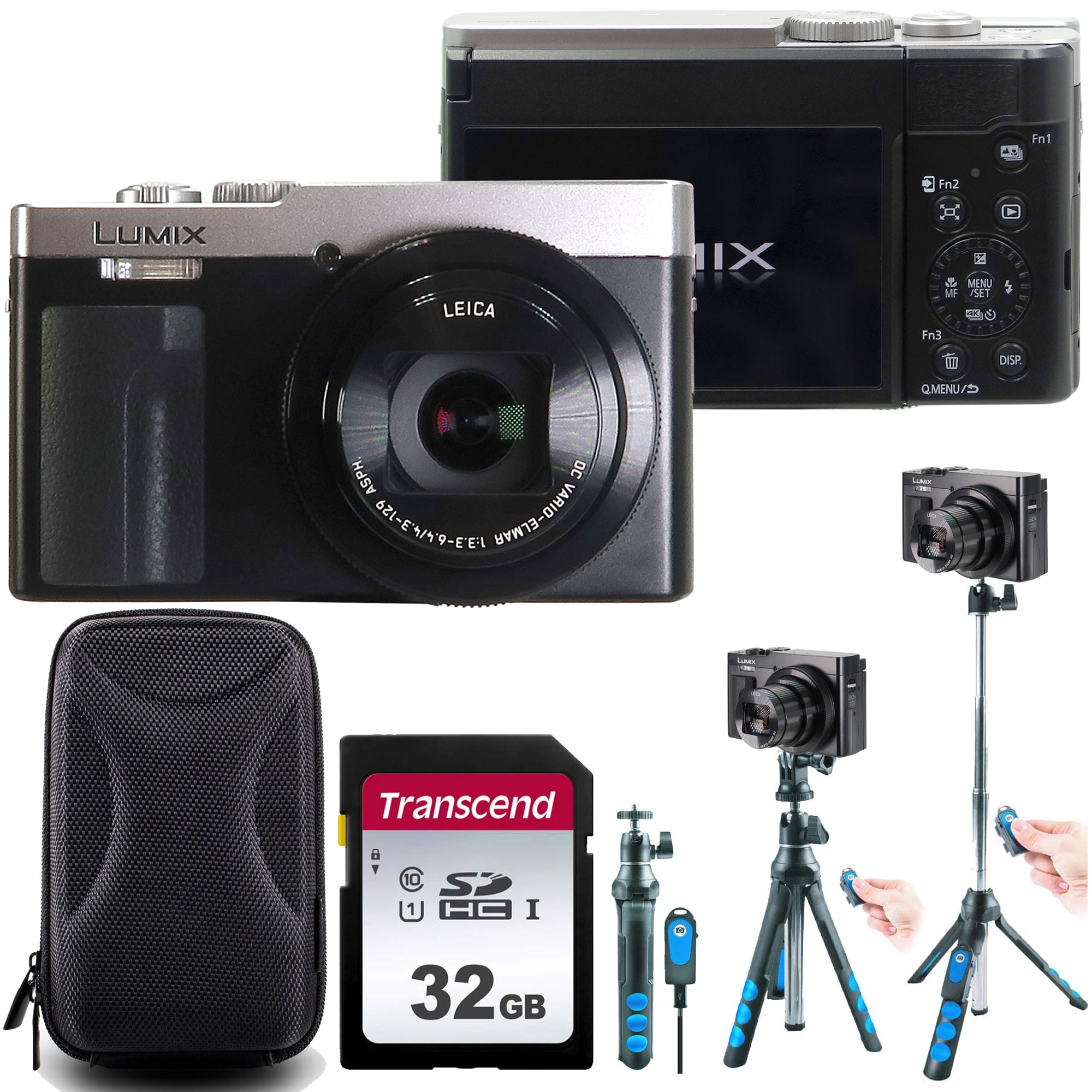 Panasonic  Lumix ZS99 20.3MP 30X Optical Zoom Digital Camera Silver with 32GB Transcend SDHC Class 10 Memory Card Vivitar 7 in 1 Streaming Essentials Selfie Tripod Selfie Stick with Wireless Remote Hard Shell Camera Case