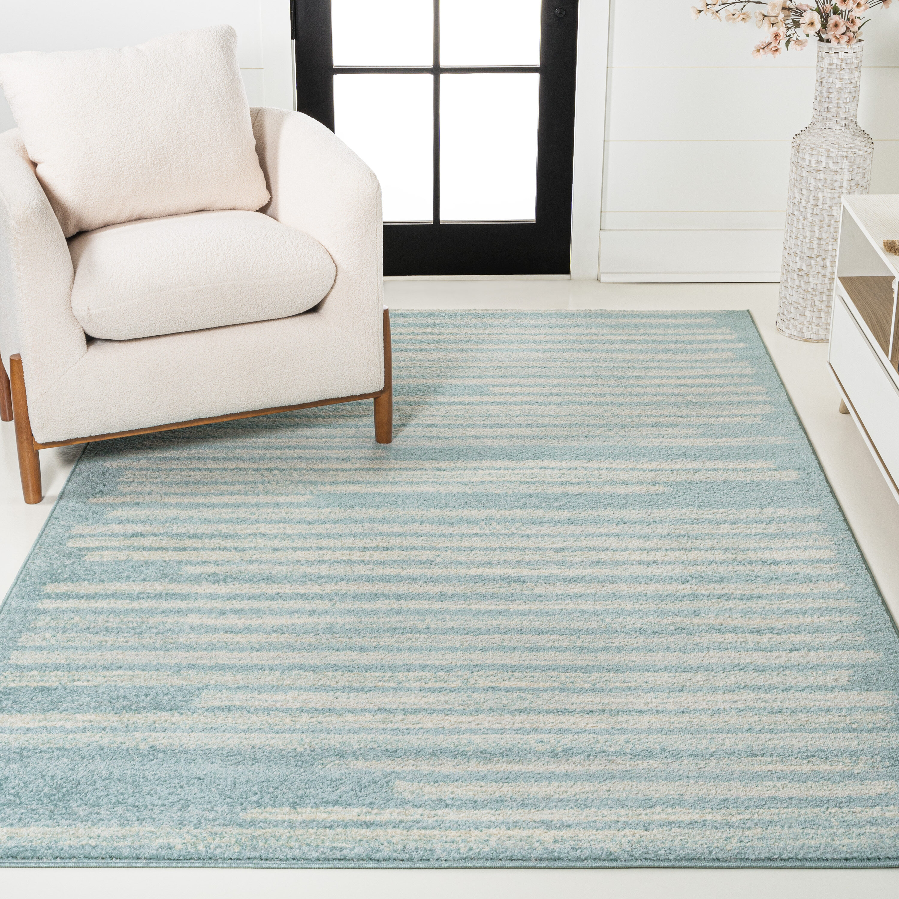 JONATHAN  Y MOH207D-8 Moroccan HYPE Khalil 8 x 10 (ft) Loomed Polypropylene Turquoise/Cream Rectangular Indoor Stripe French Country Area rug