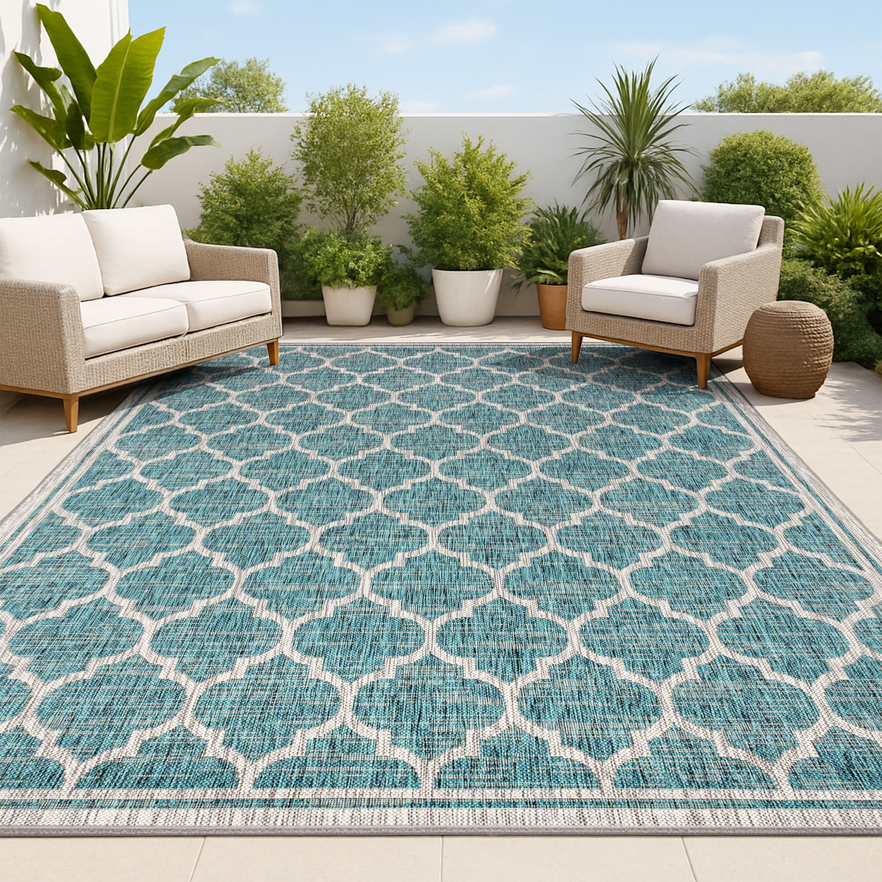 JONATHAN  Y SMB109E-8 Santa Monica Trebol Filigree Textured Weave 8 x 10 (ft) Loomed Polypropylene Teal/Gray Rectangular Indoor/Outdoor Distressed/Overdyed Coastal Area rug