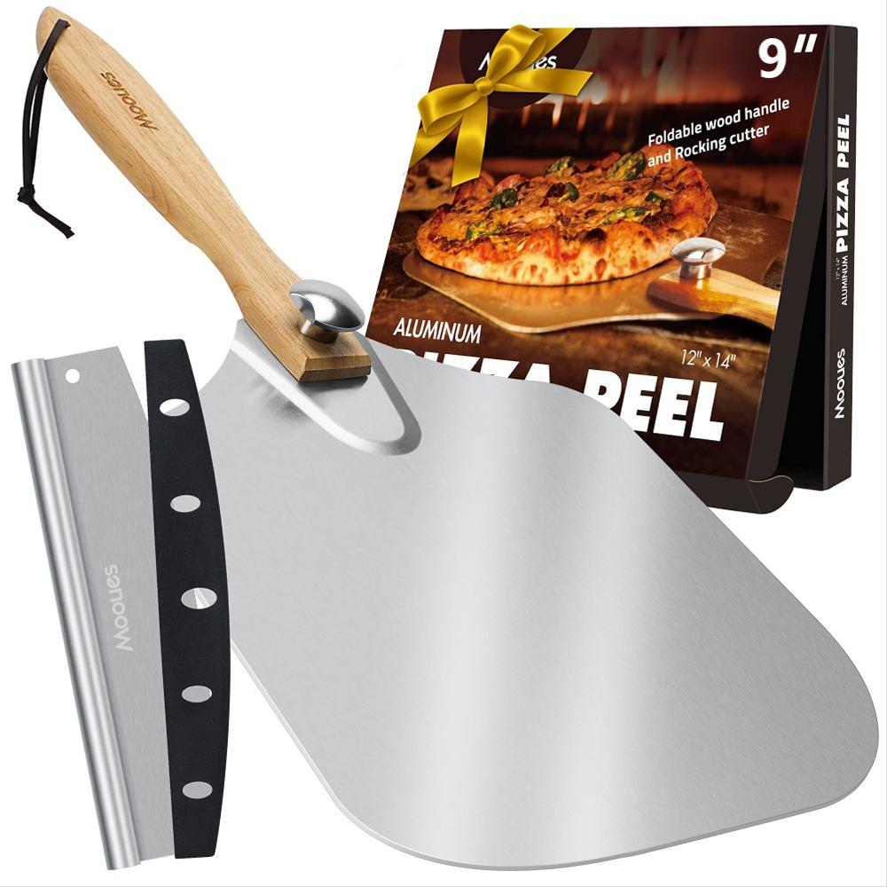 Mooues  12 inch Metal Aluminum Pizza Peel with Rocker Blade Foldable Wooden Handle and Storage Bag Ideal for home pizza ovens effortlessly baking pizza dough bread and pastries