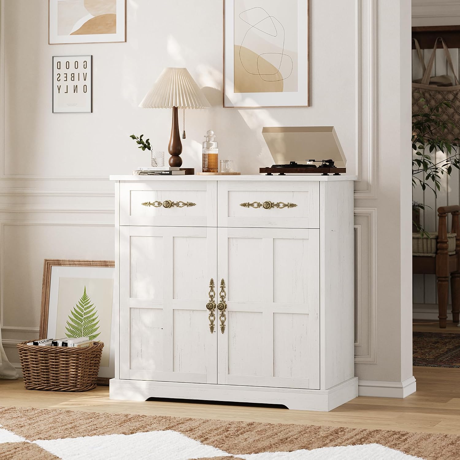 IdealHouse 33.5 in Wide Buffet Cabinet with 4 Drawers and Gold Handles Farmhouse Sideboard Coffee Bar Cabinet with 2 Doors Storage Cabinet for Kitchen Dining Room 15mm PB White #ABC-IBTY6ASU-NYAWCZ6