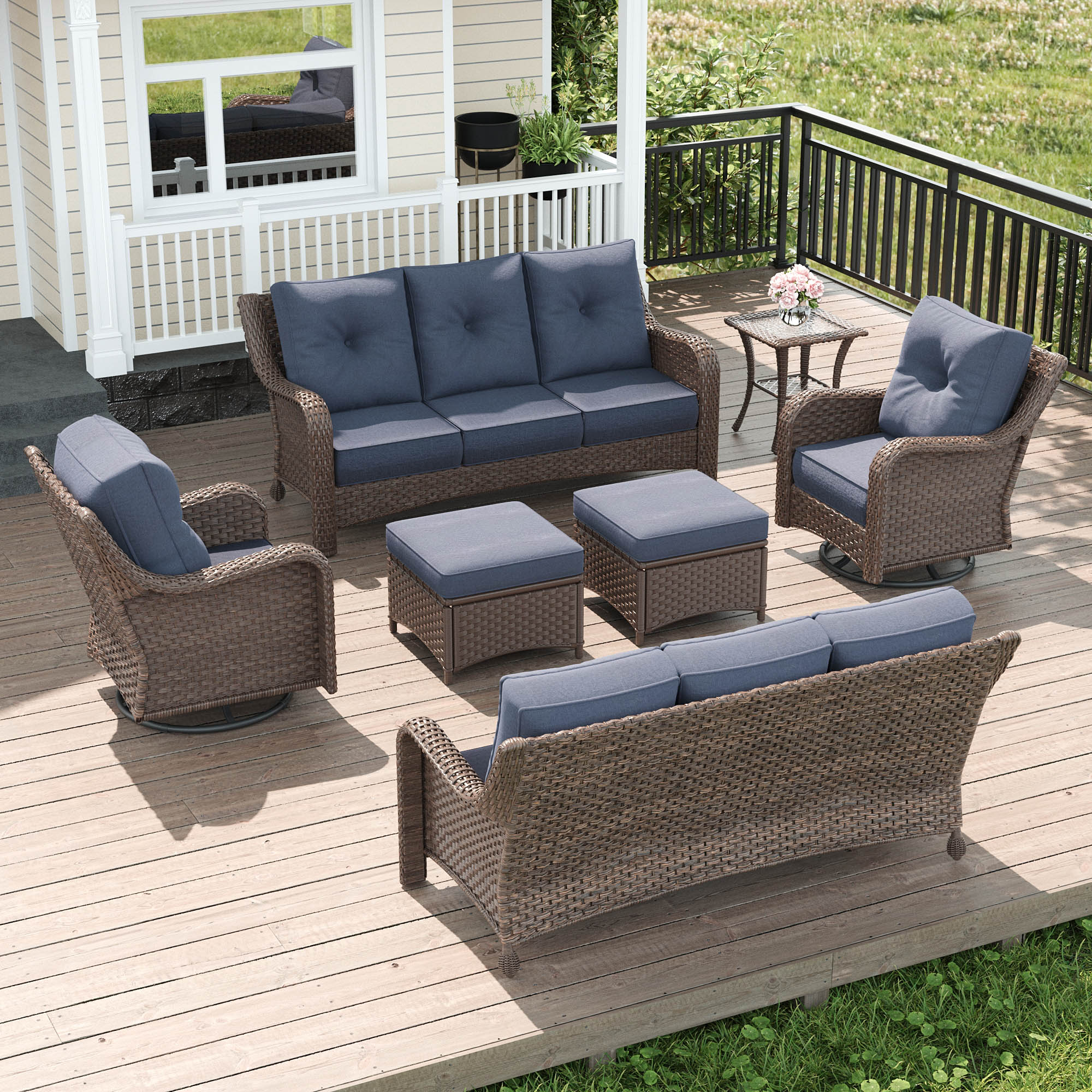 LayinSun BYT6005-7PWT-BR02 7 -Piece Outdoor Rattan Patio Conversation Set with Navy Cushions