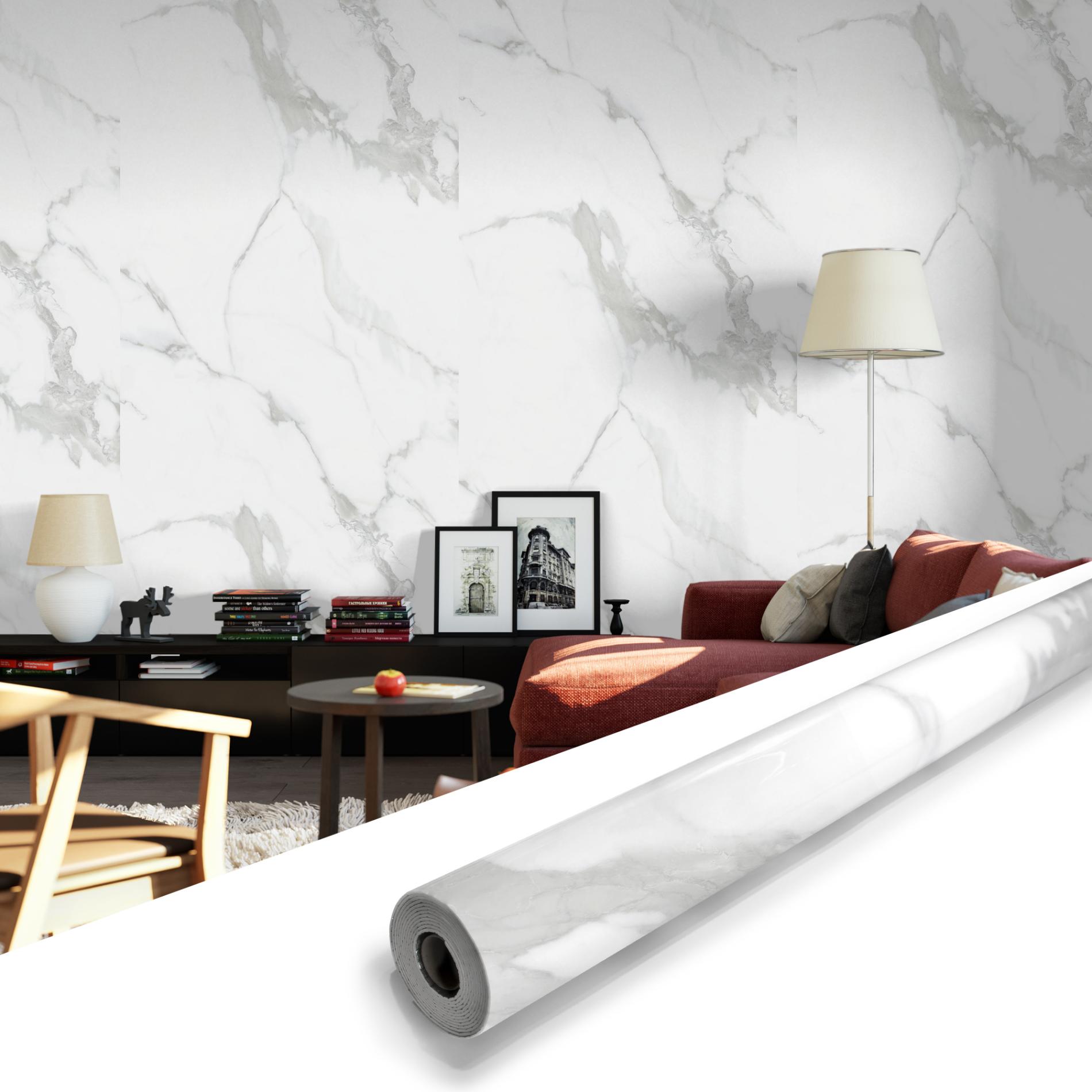SUNWINGS WPR-CAR-1 38.75-Sq. Feet Carrara White Vinyl Abstract Self-adhesive Peel and Stick Wallpaper