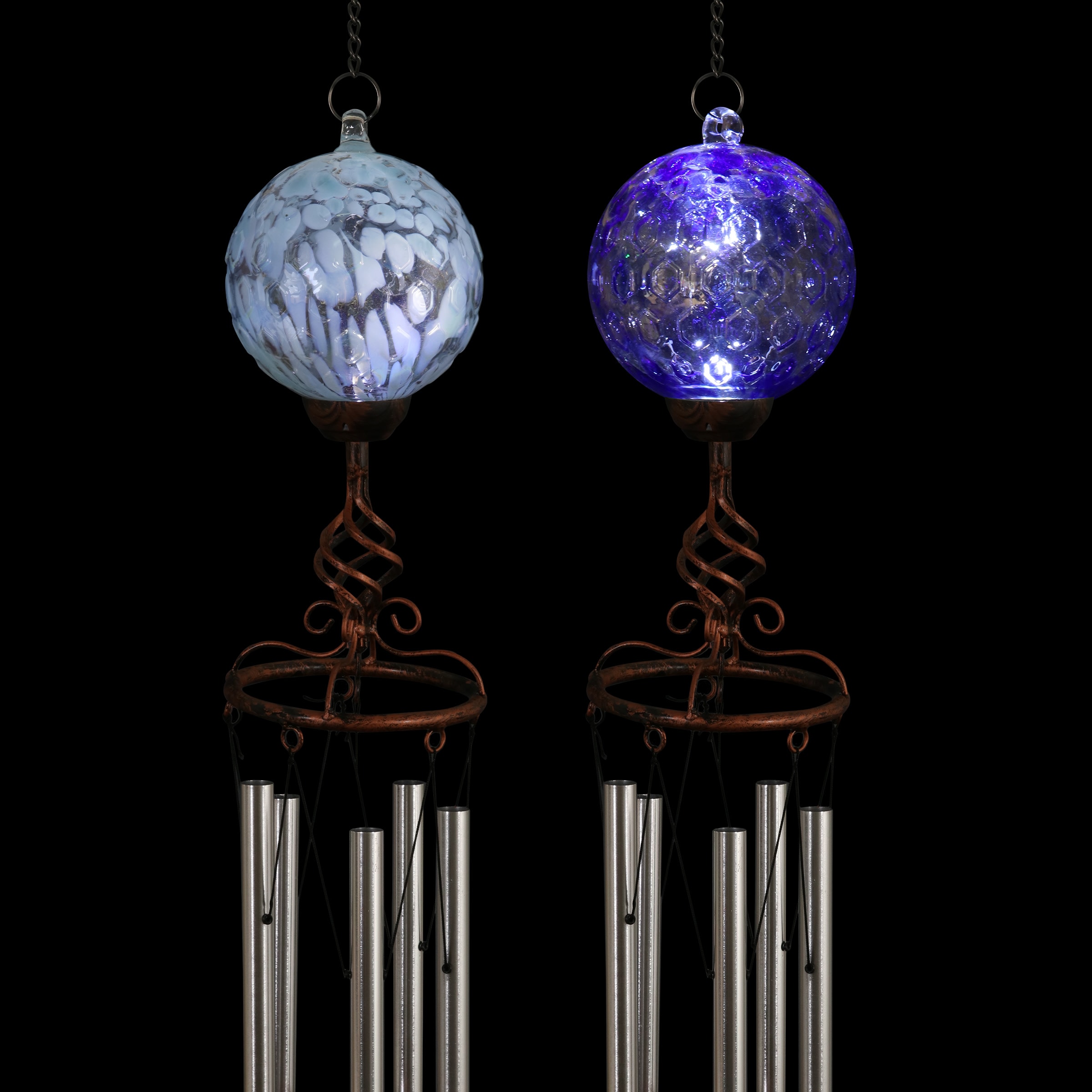 Exhart Solar Metal Wire and Glass Wind Chime with Looping Pattern and Nine  LED Fairy String Lights