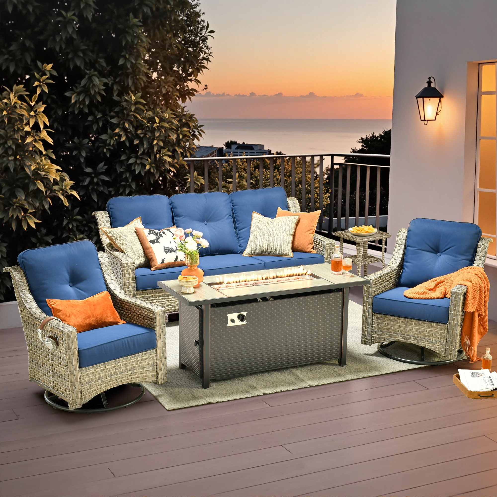 weaxty HMBCFP8503PADYZ5S7 Aireno 5 -Piece Wicker Patio Sofa Conversation Set with Blue Cushions