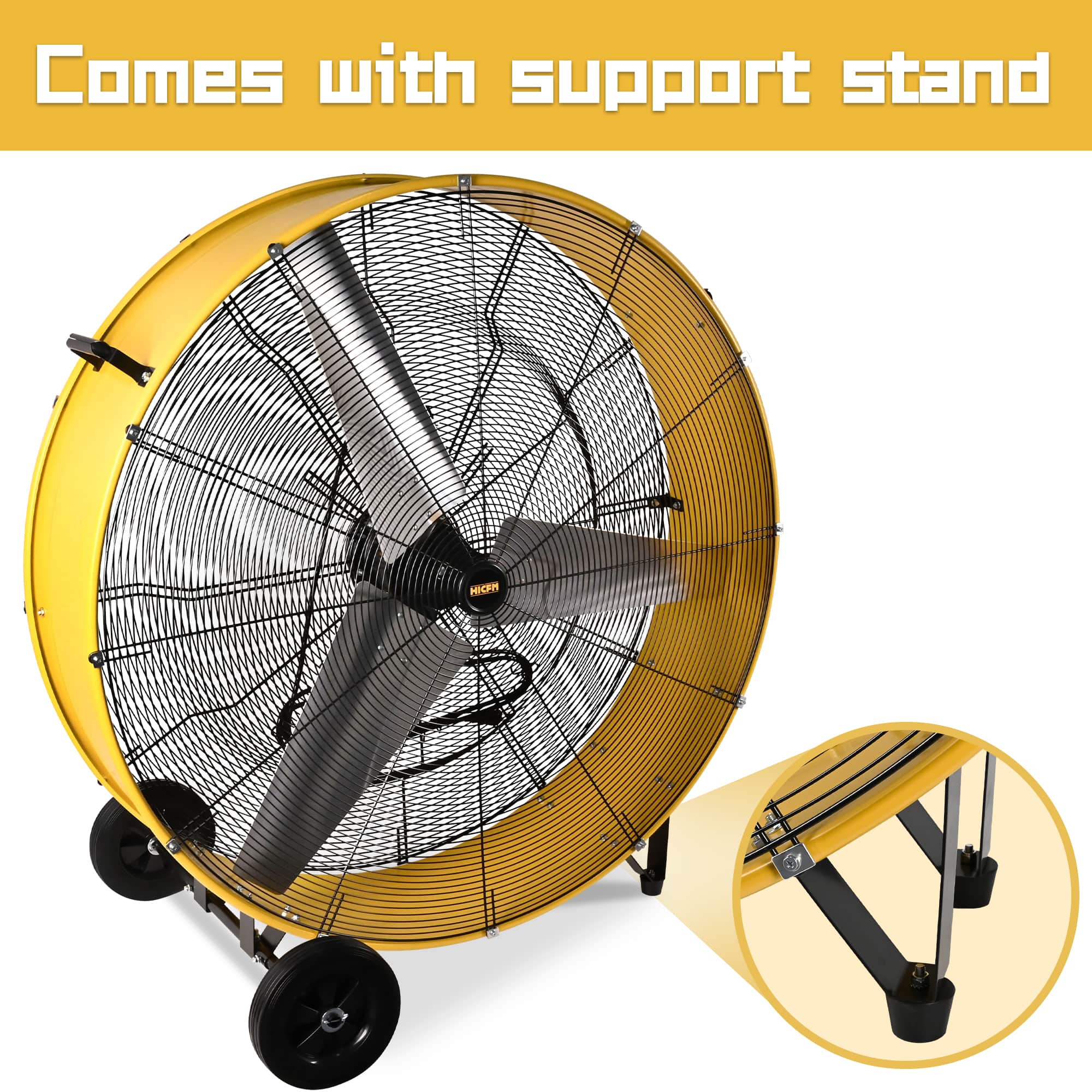GreenEver FAN-D42 Equipped with a 4/5 HP motor and shielded ball bearings this drum fan delivers strong airflow with 26800 CFM on high and 21300 CFM on low ideal for warehouses workshops factories and other industrial or commercial spaces