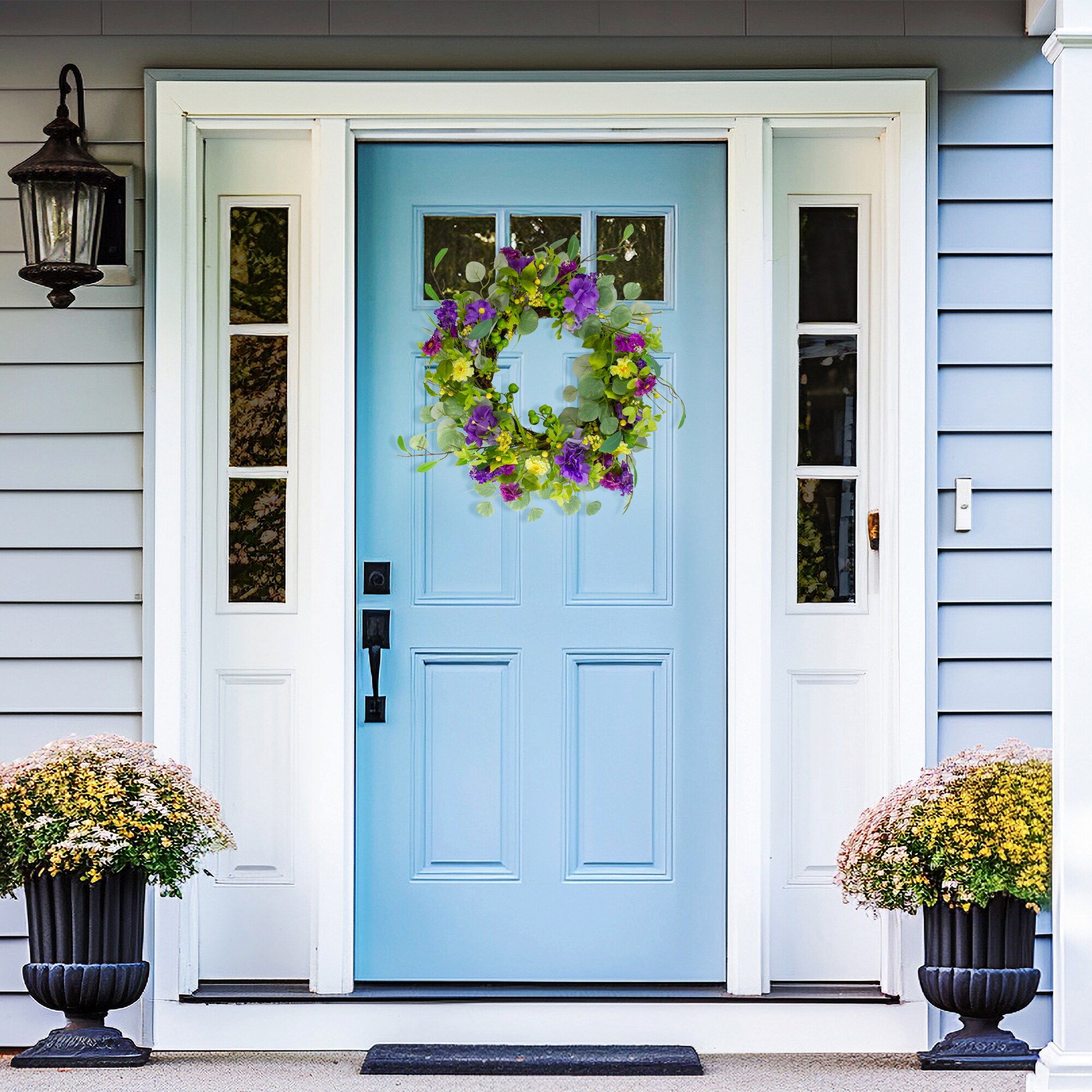 Purple and Yellow Eucalyptus Hydrangea Spring Wreath 23"
